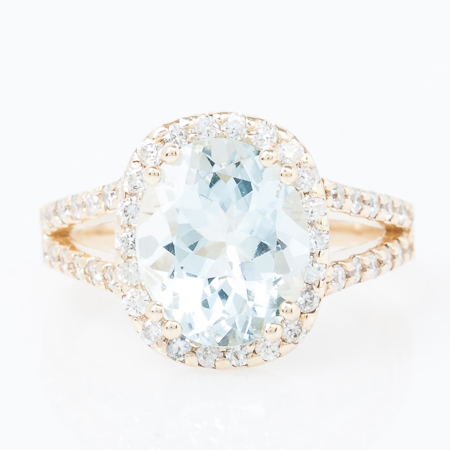 14K Yellow Gold 3.00 Carat Aquamarine and Diamond Cathedral Ring