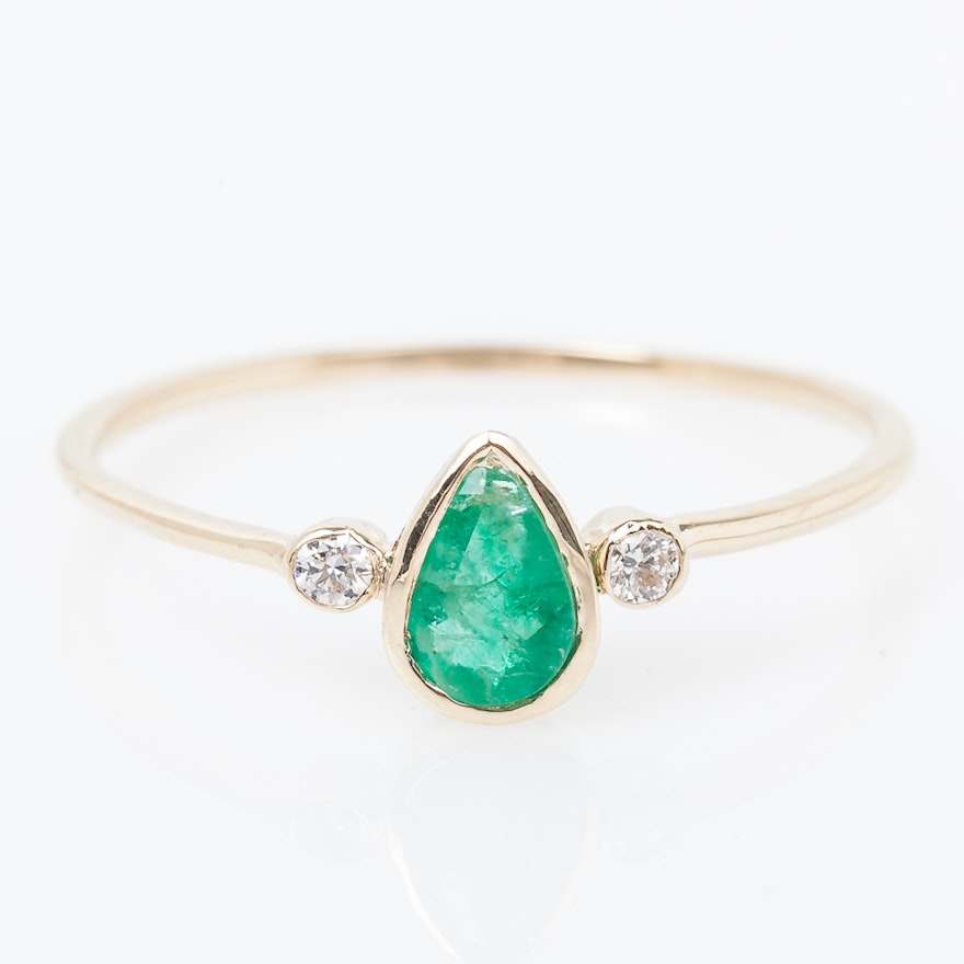 14K Yellow Gold, Emerald and Diamond Ring