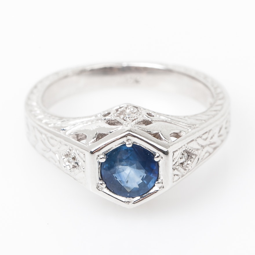 Art Deco 14K White Gold, Sapphire, and Diamond Engagement Ring