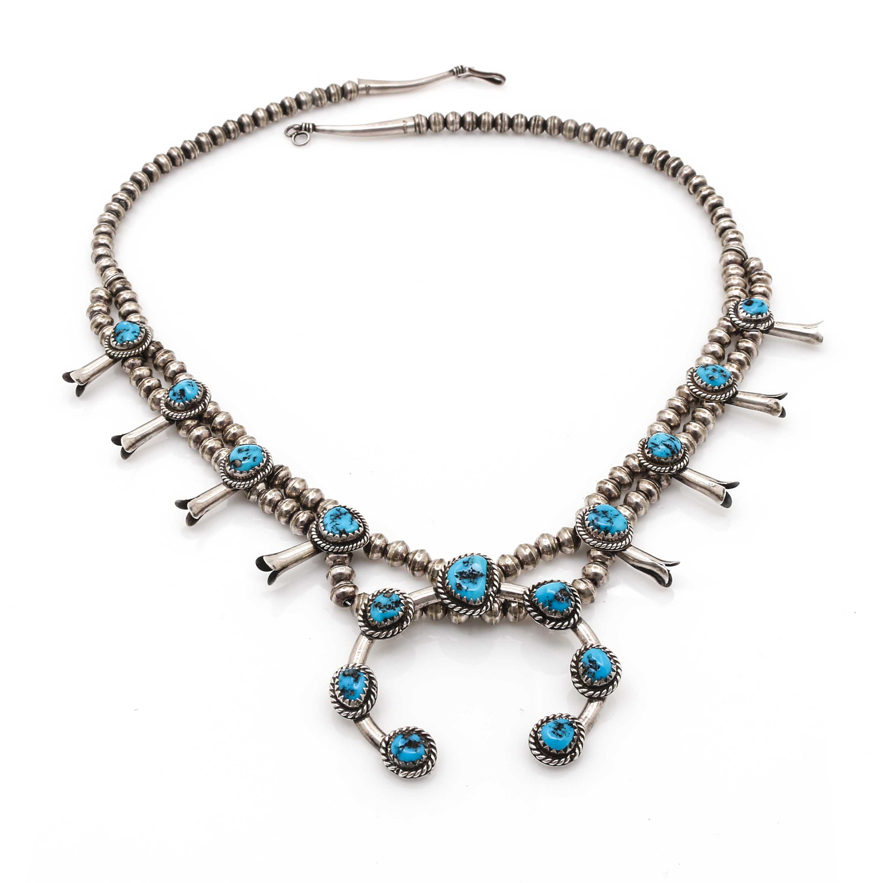 Native American Style Silver Turquoise Squash Blossom Necklace