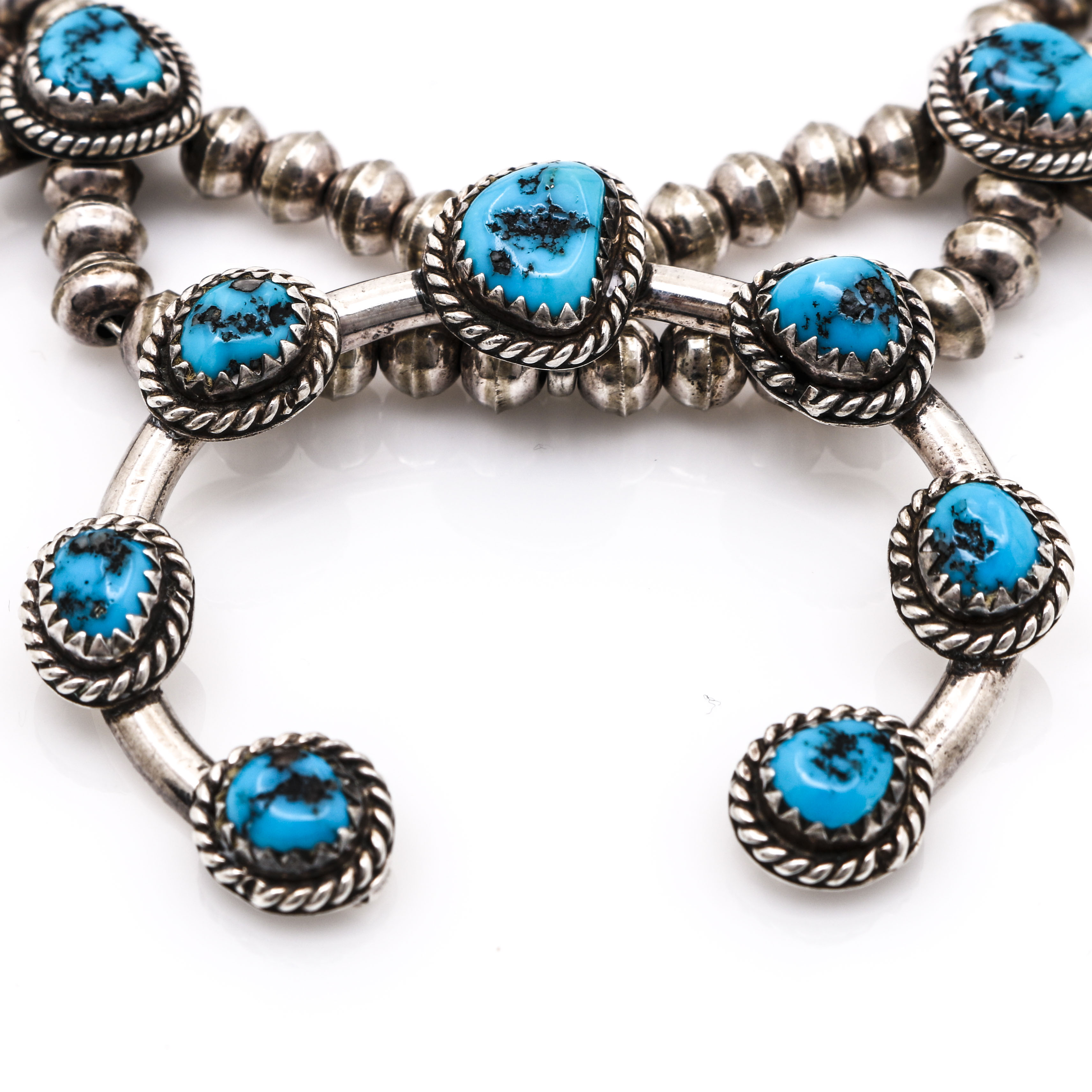 Native American Style Silver Turquoise Squash Blossom Necklace