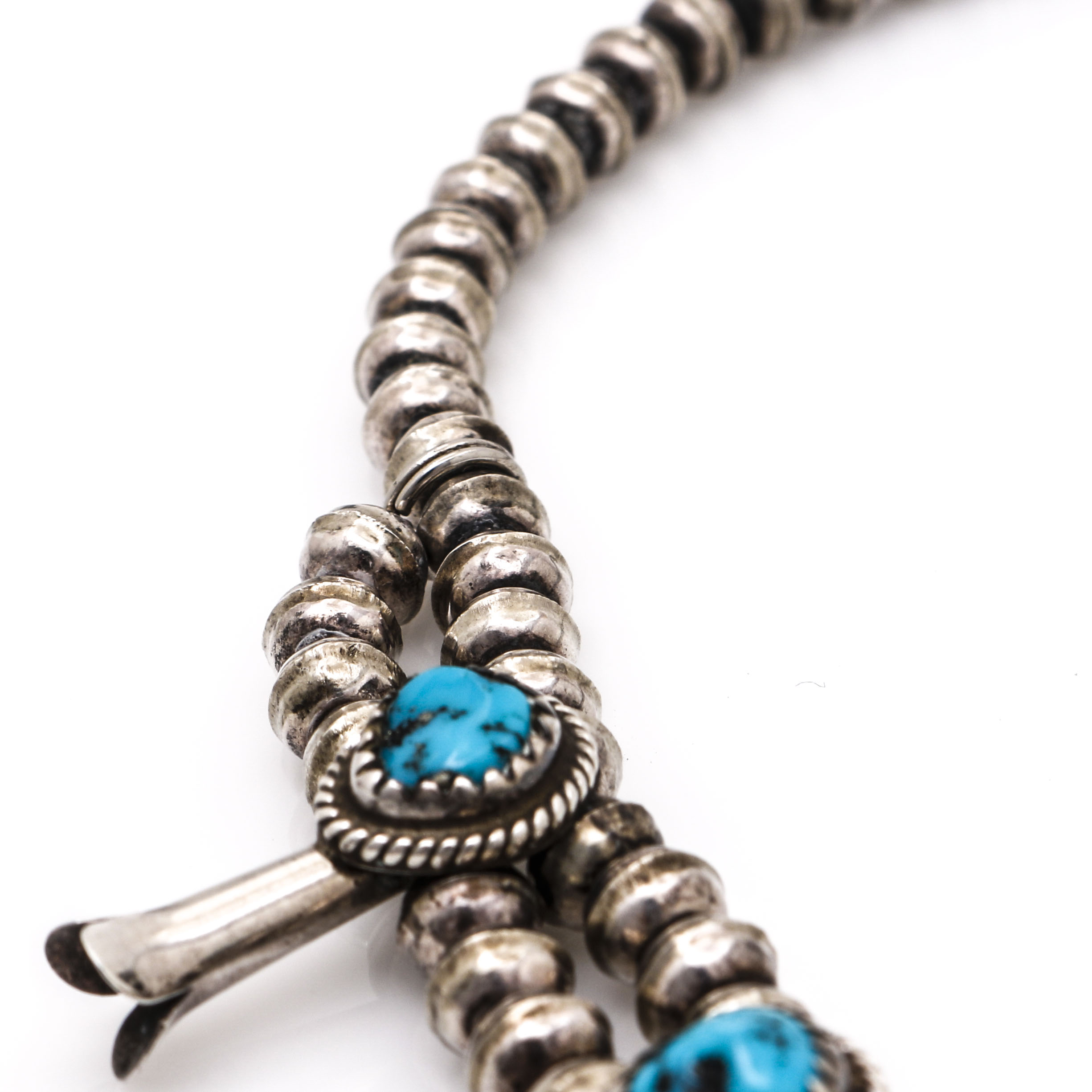 Native American Style Silver Turquoise Squash Blossom Necklace