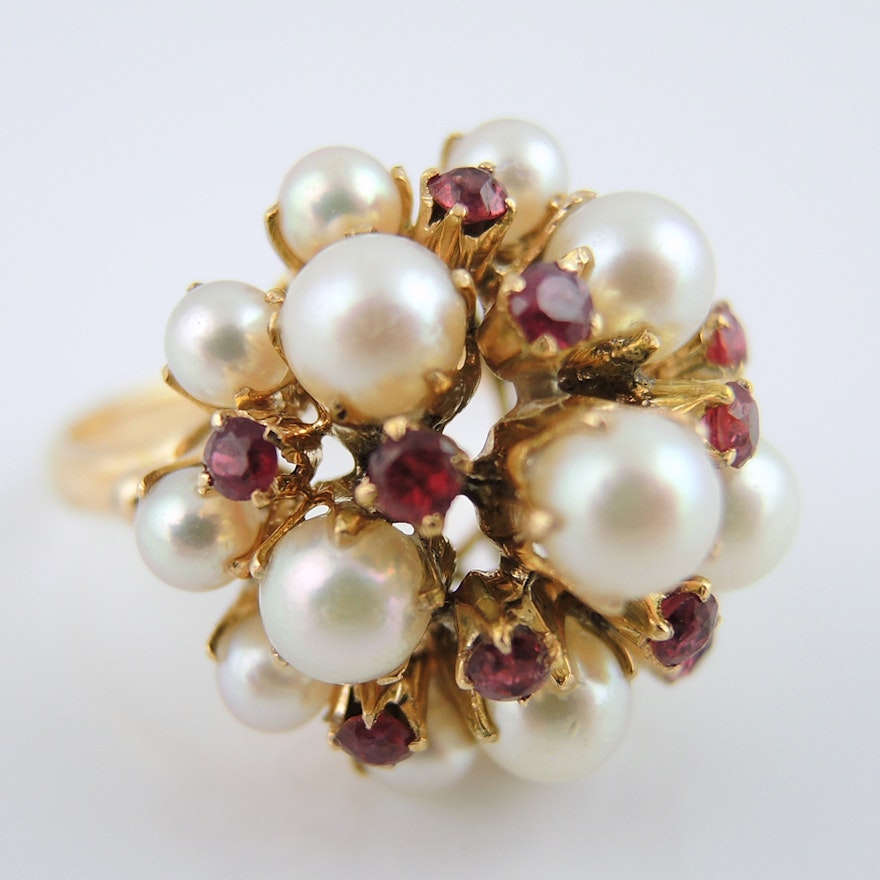 Pearl and Ruby Cluster Ring in 14K Yellow Gold