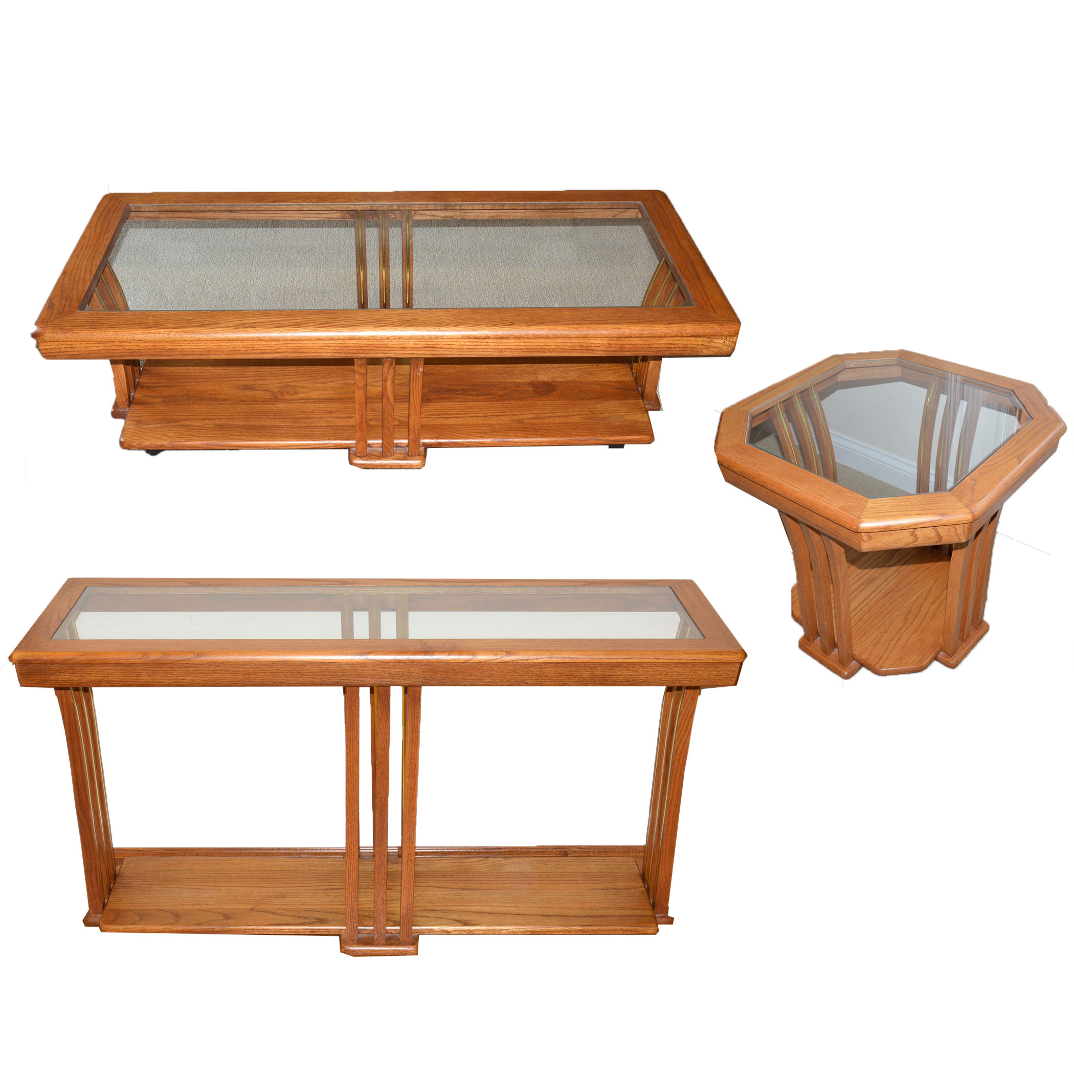 Coffee Table, Console Table and End Table Set in Oak and Glass