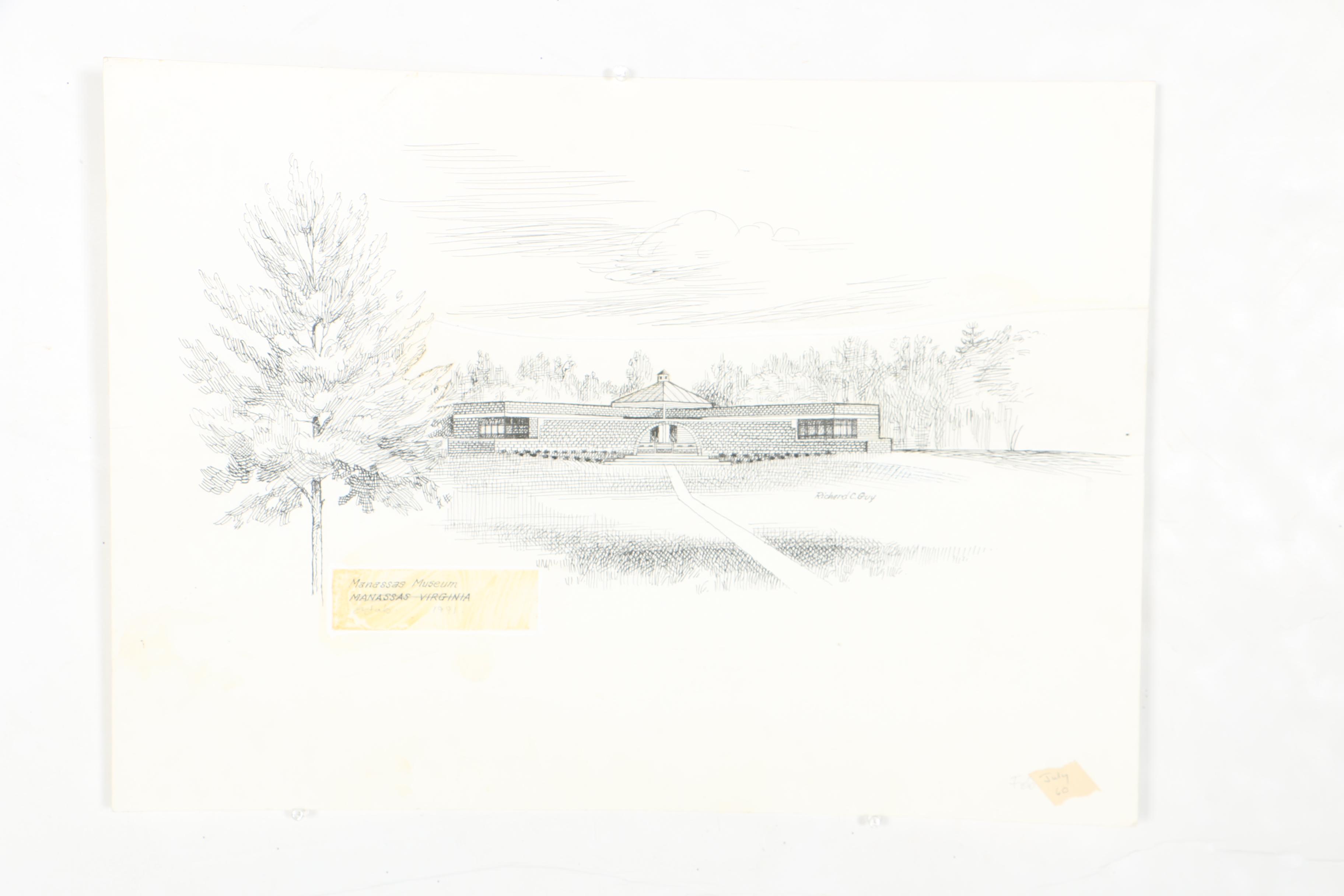 Richard C. Guy Ink Drawings of Various Manassas, VA Locations