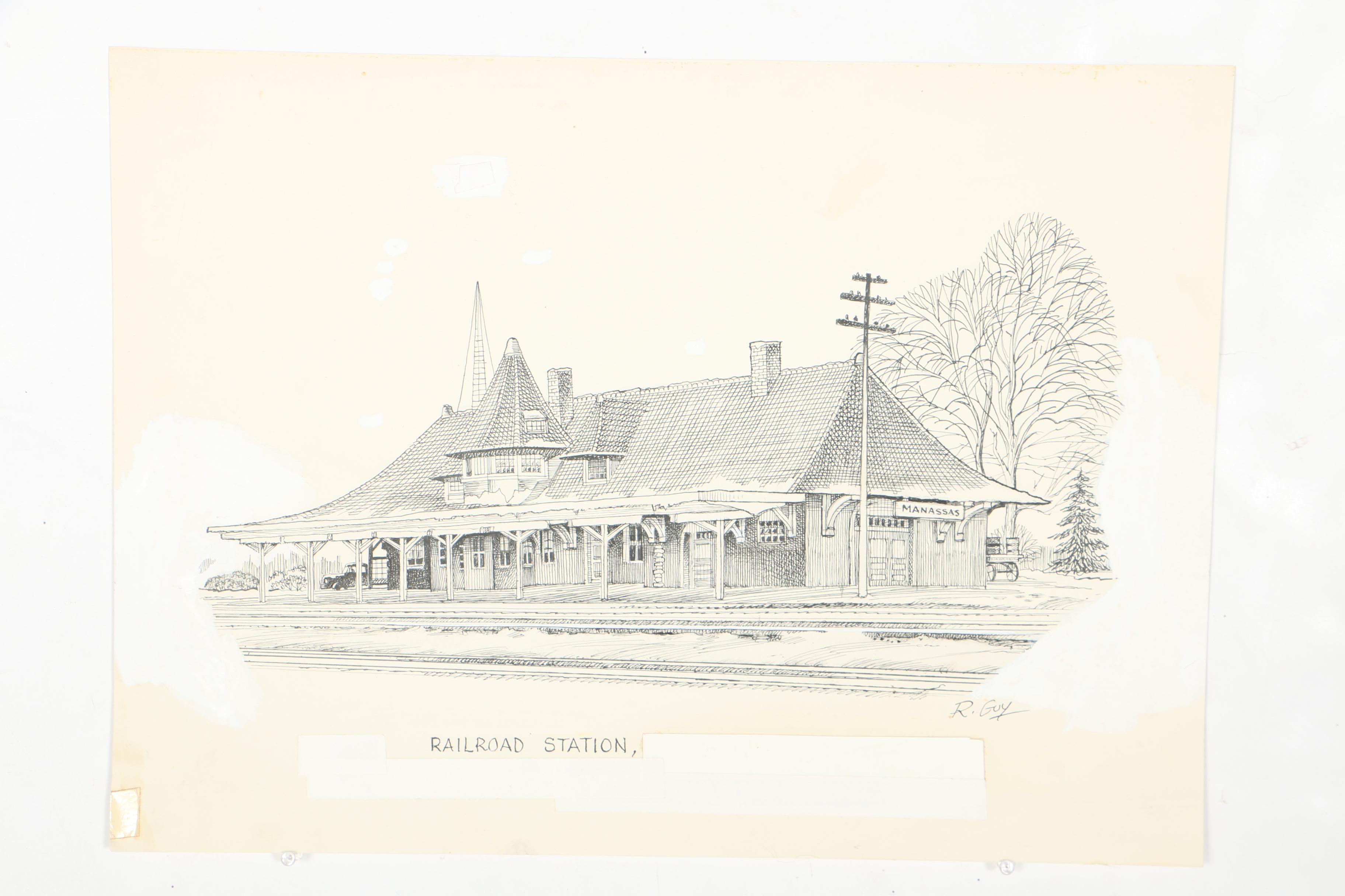 Richard C. Guy Ink Drawings of Various Manassas, VA Locations
