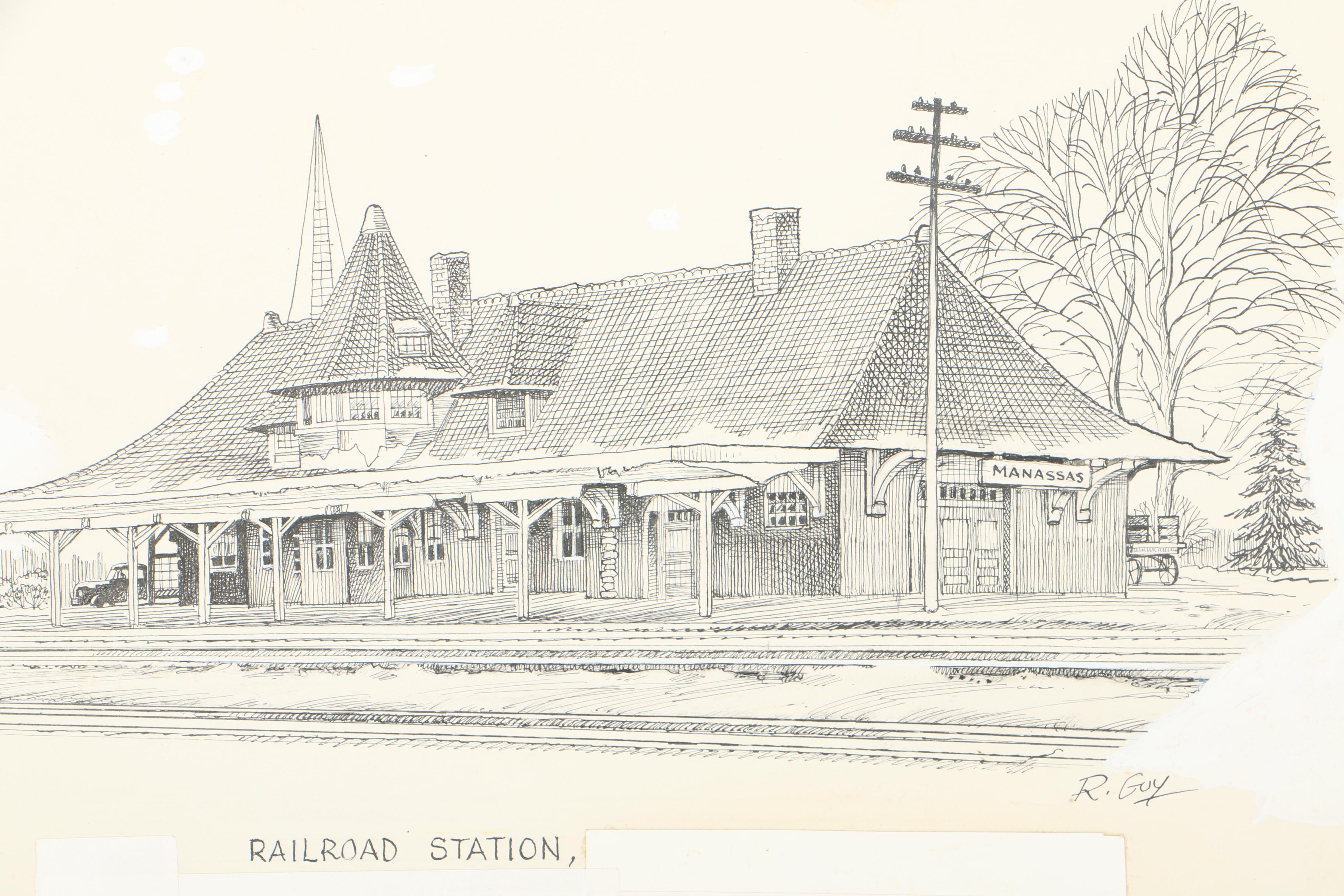 Richard C. Guy Ink Drawings of Various Manassas, VA Locations