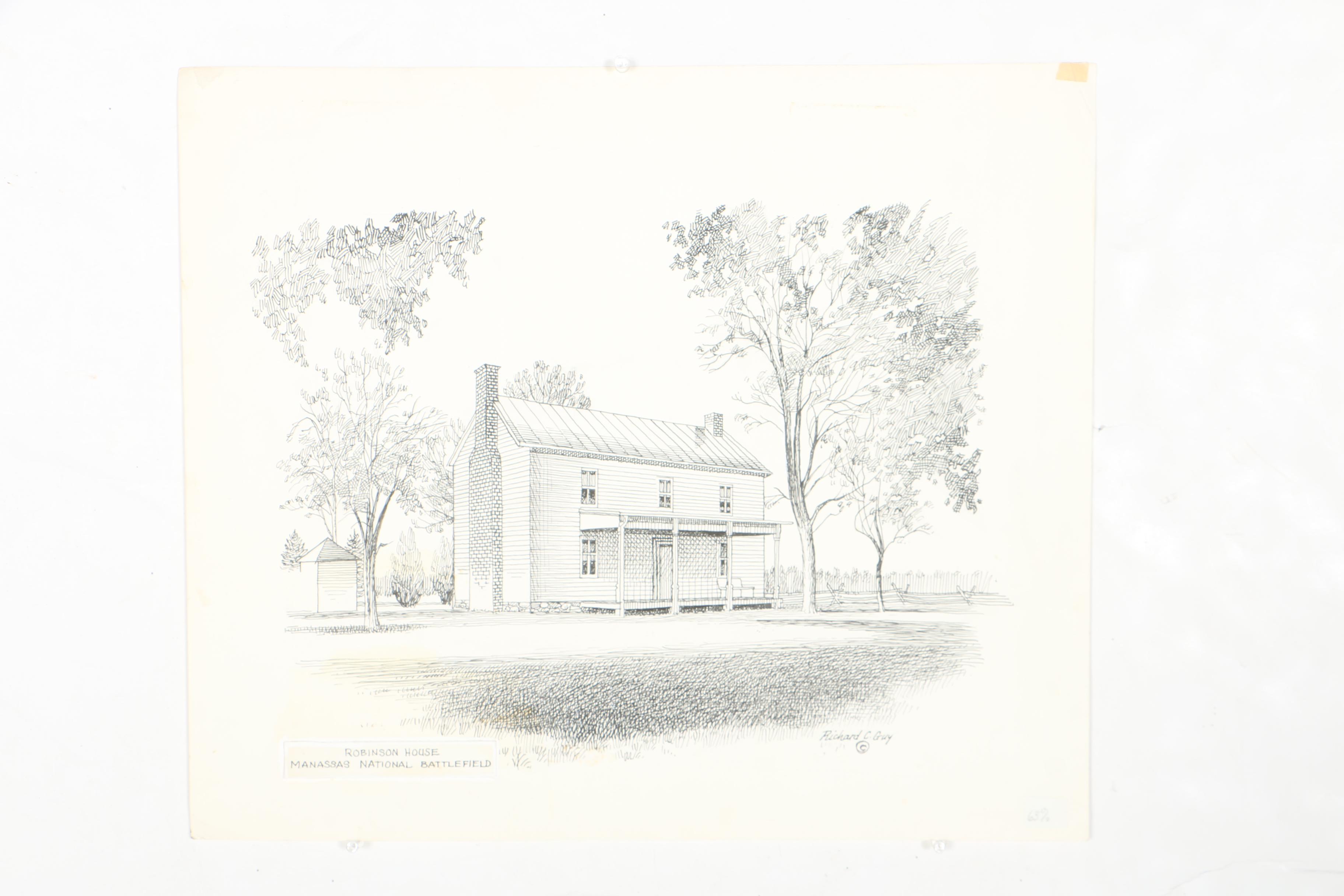 Richard C. Guy Ink Drawings of Various Manassas, VA Locations