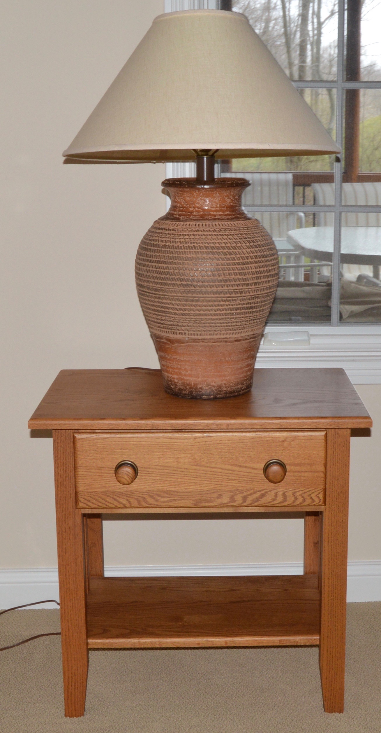 Mission Style Oak End Table and Pottery Table Lamp
