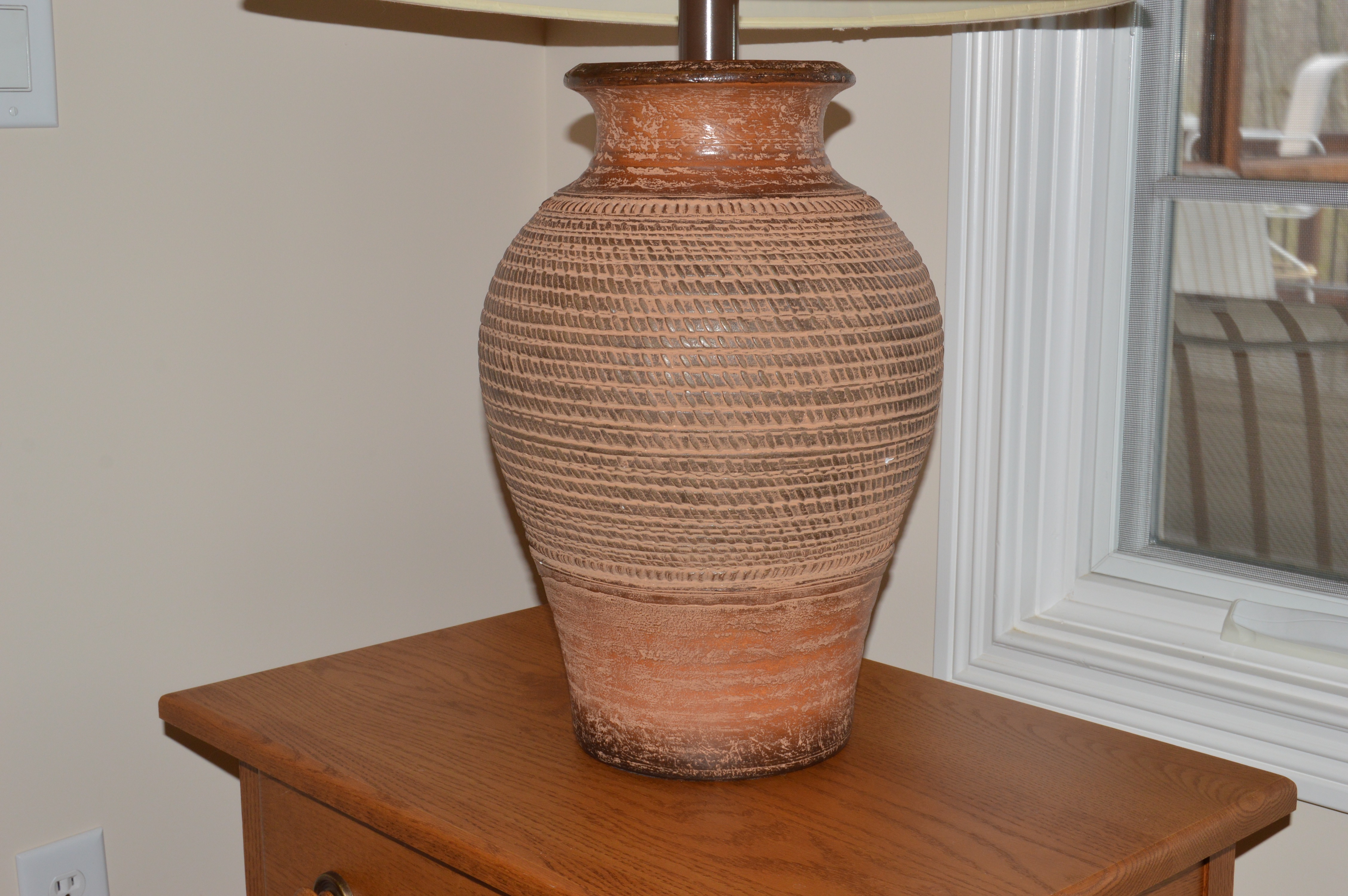 Mission Style Oak End Table and Pottery Table Lamp