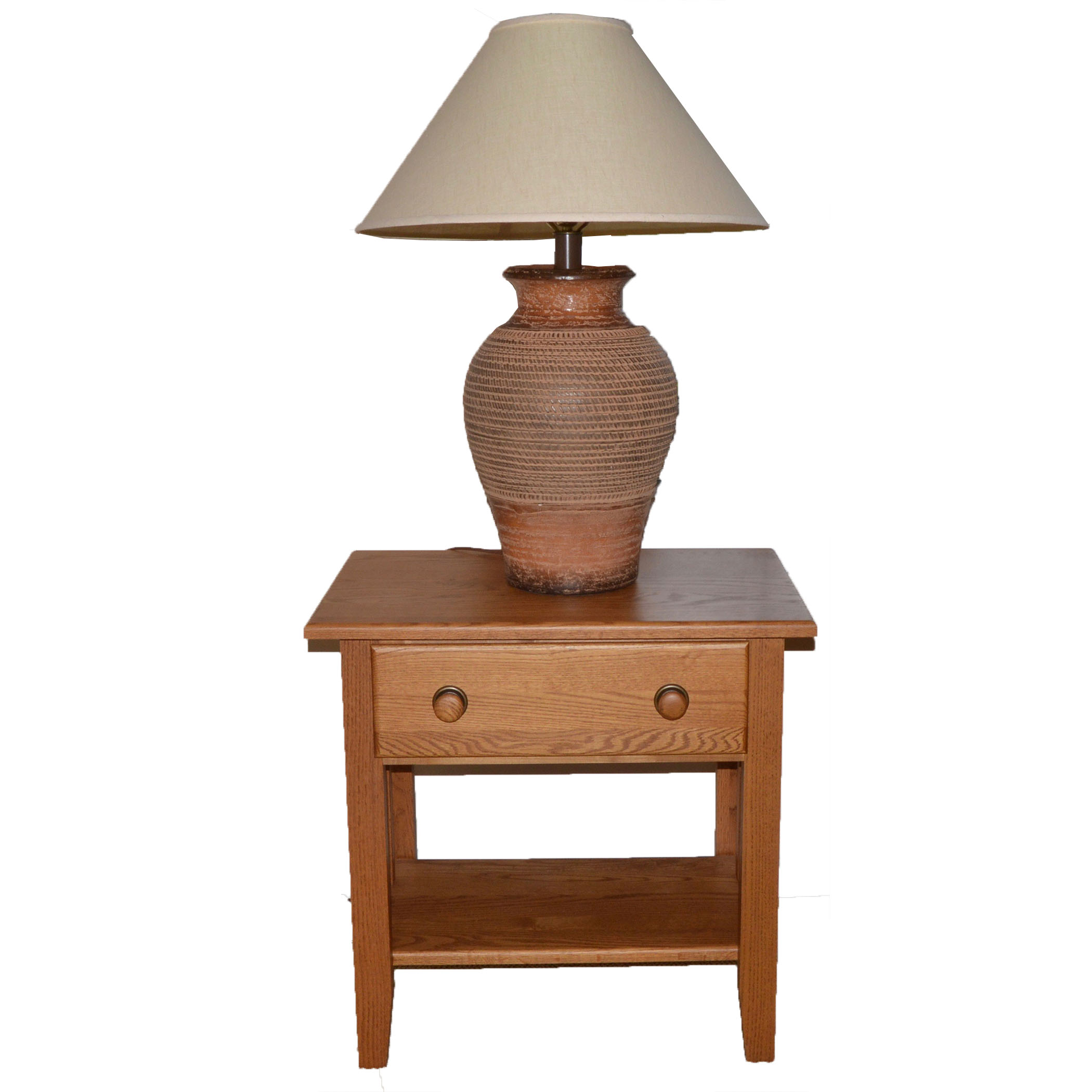 Mission Style Oak End Table and Pottery Table Lamp