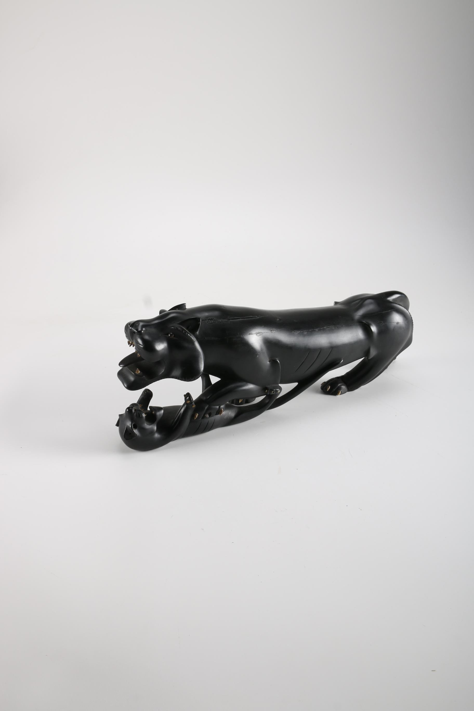 Wooden Sculpture of Jaguar and Cub