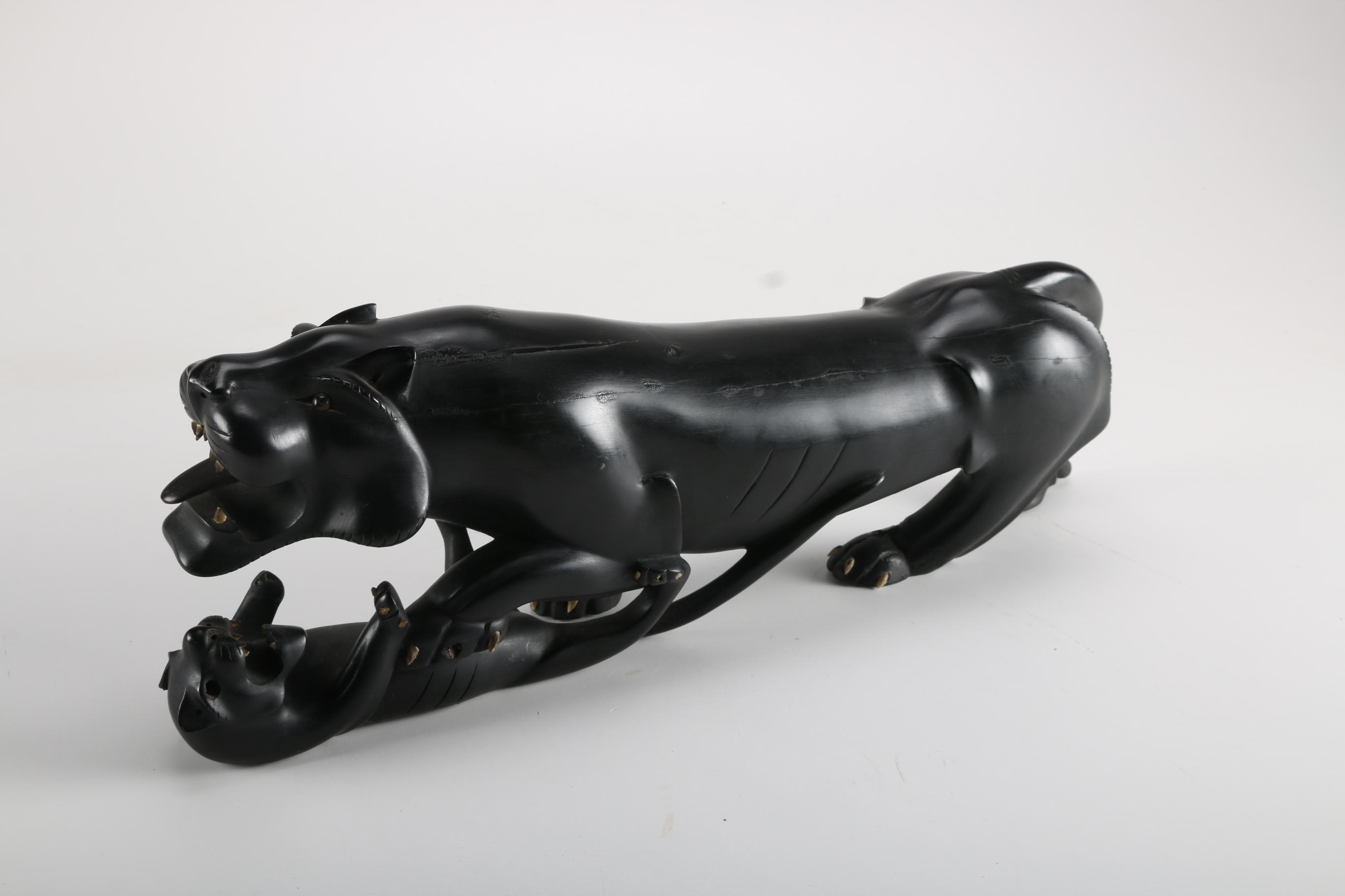 Wooden Sculpture of Jaguar and Cub