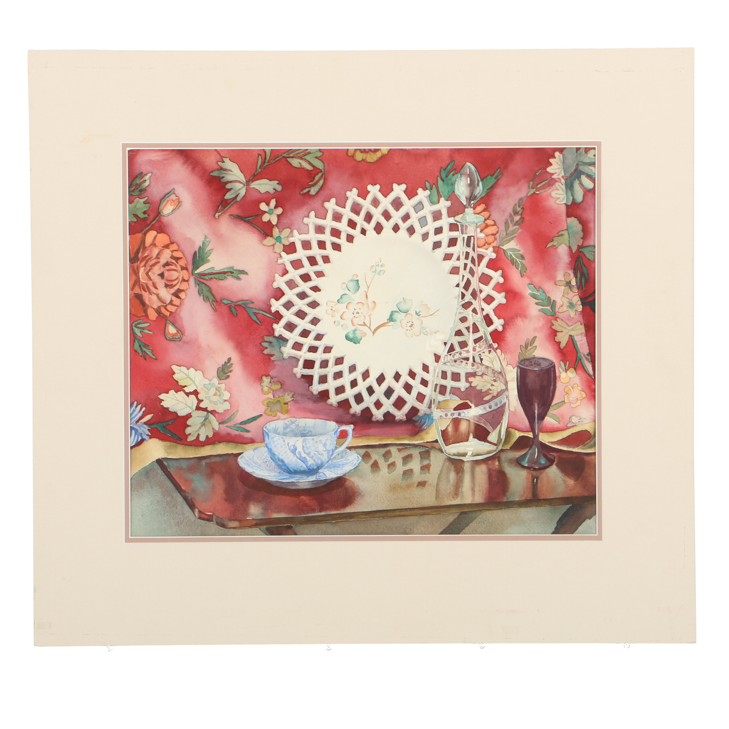 Watercolor on Paper Still Life of Vessels Before Floral Drapery