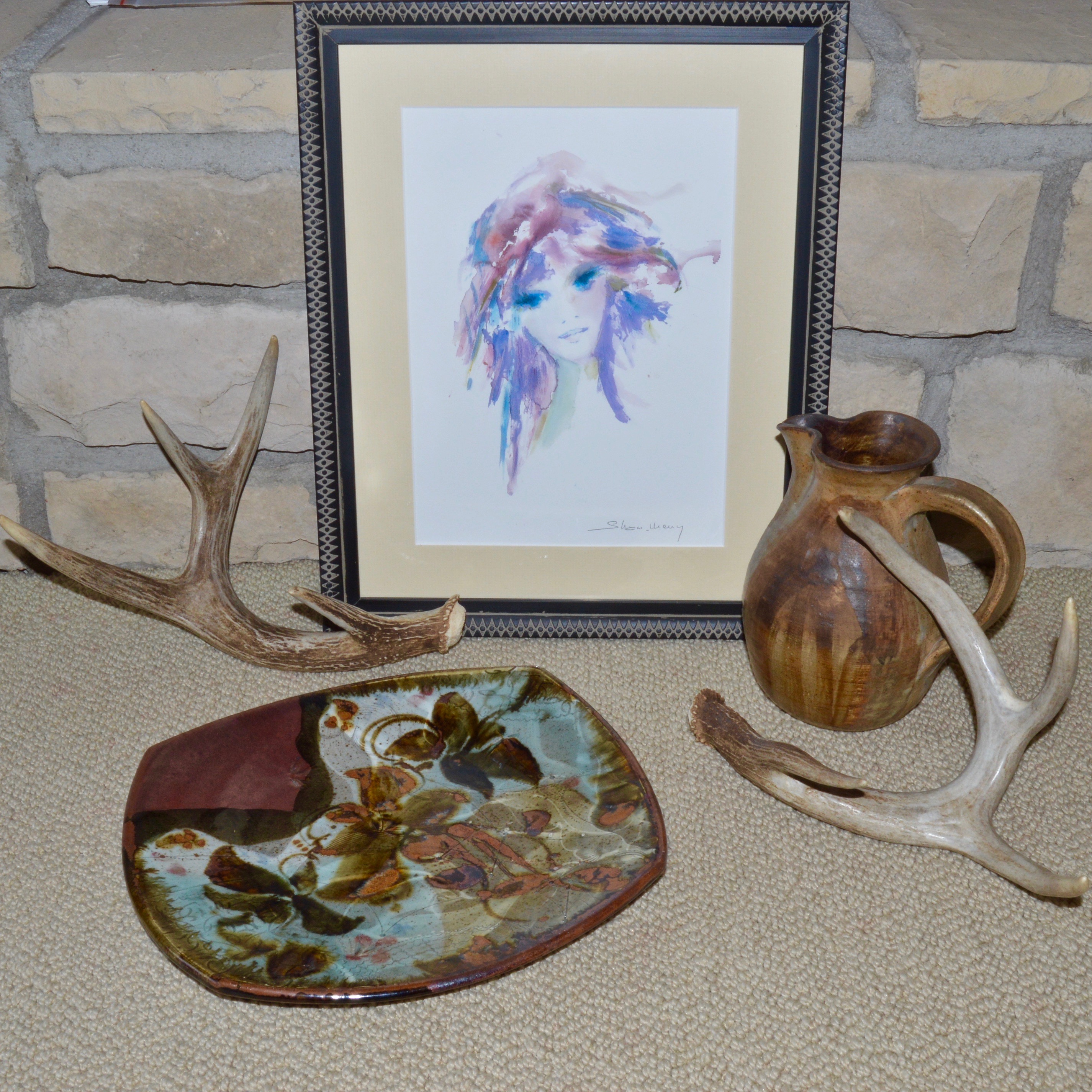 Shan Merry Seriolithograph and Assorted Natural Decor