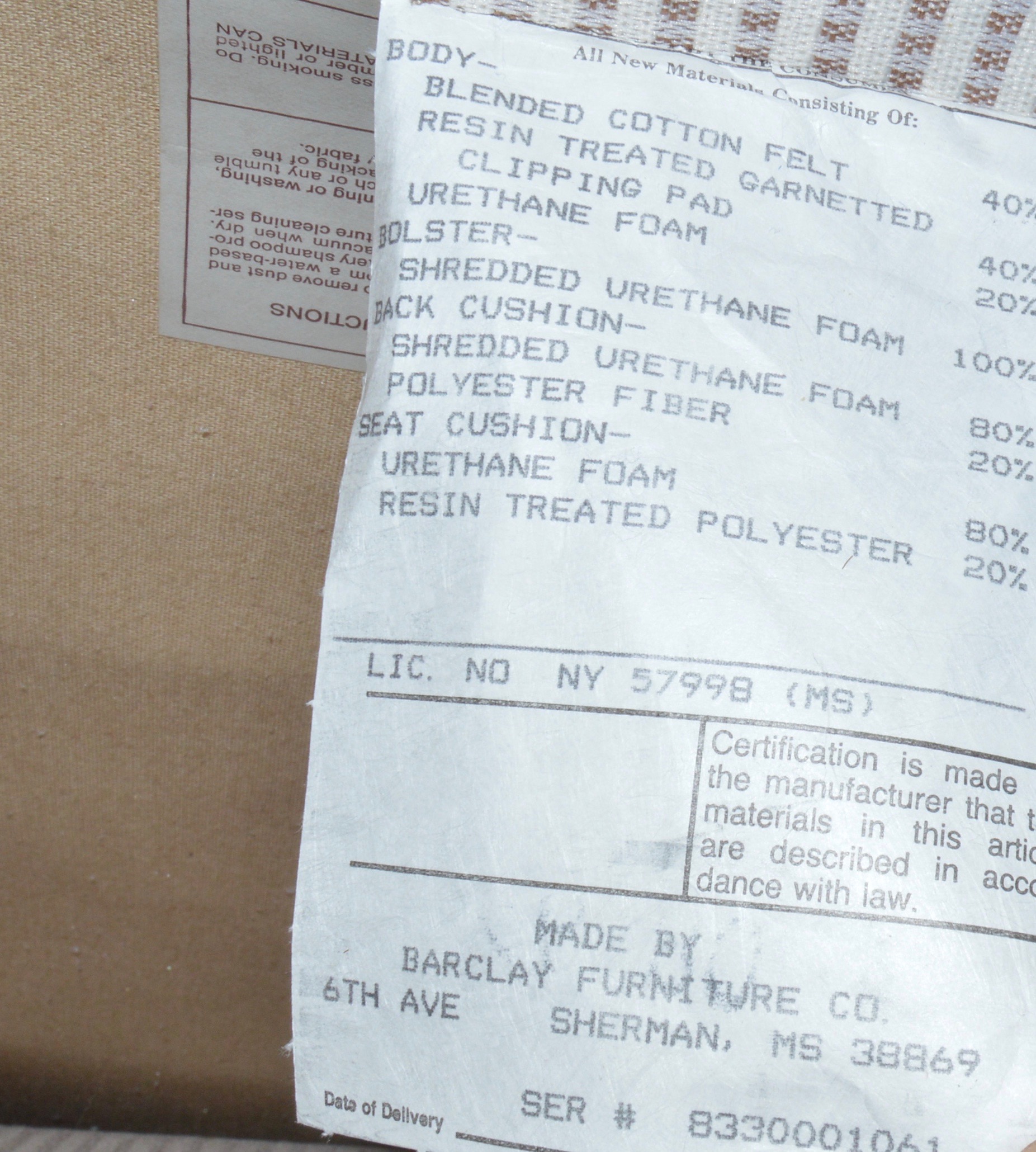 Plush Fabric Sofa by Barclay Furniture Co.