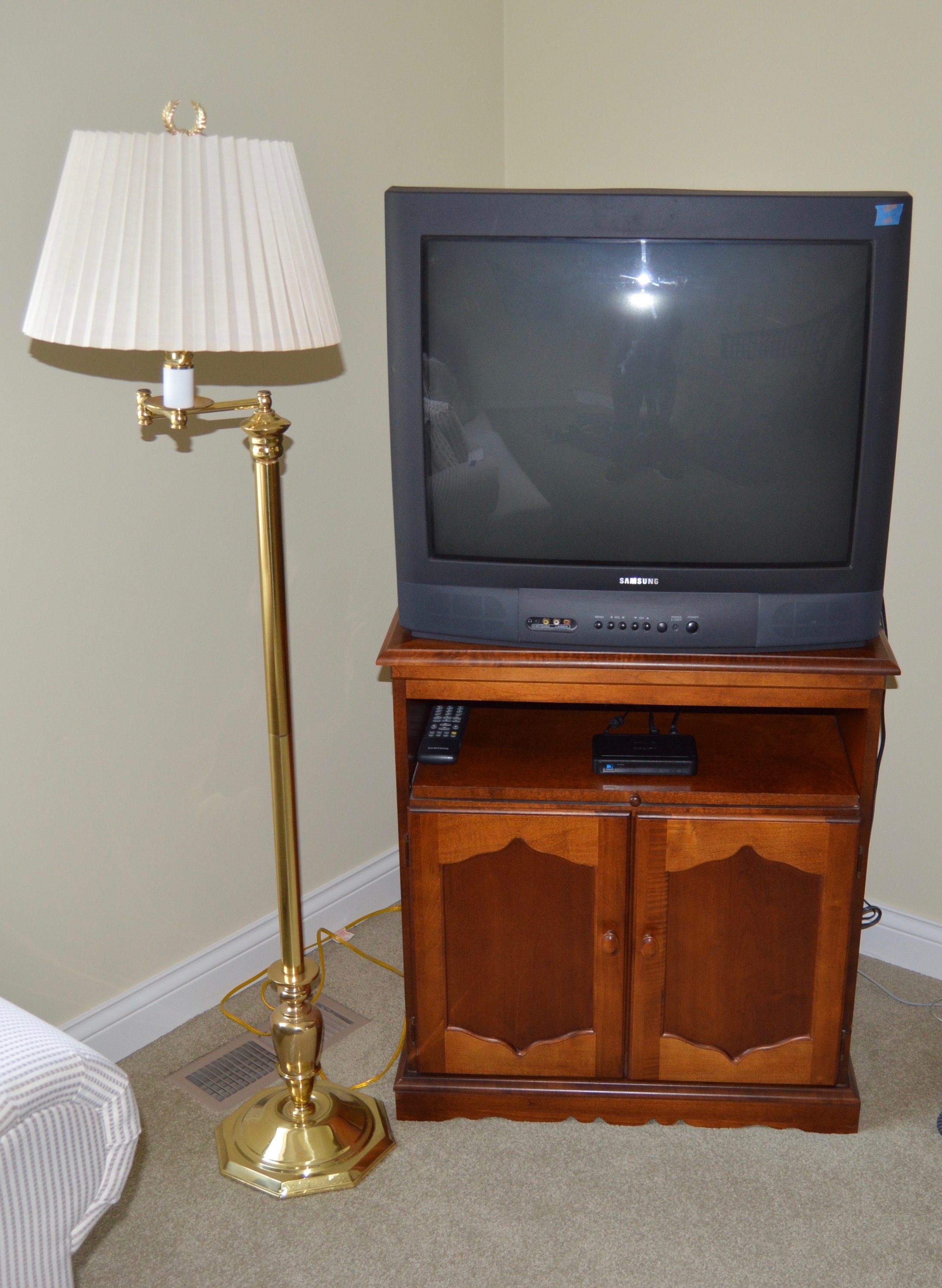 Cherry Wood TV Stand and Swing Arm Floor Lamp