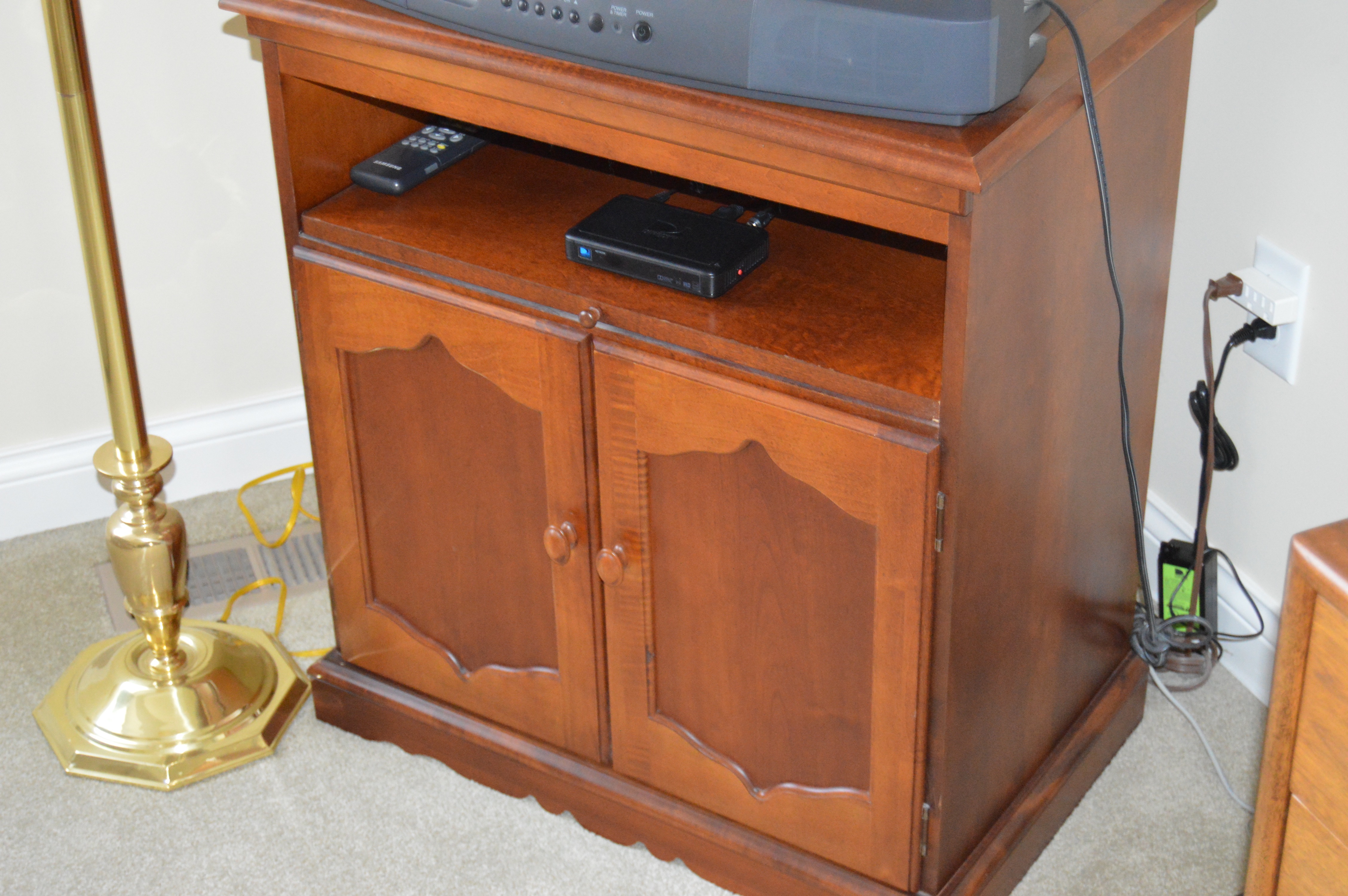 Cherry Wood TV Stand and Swing Arm Floor Lamp