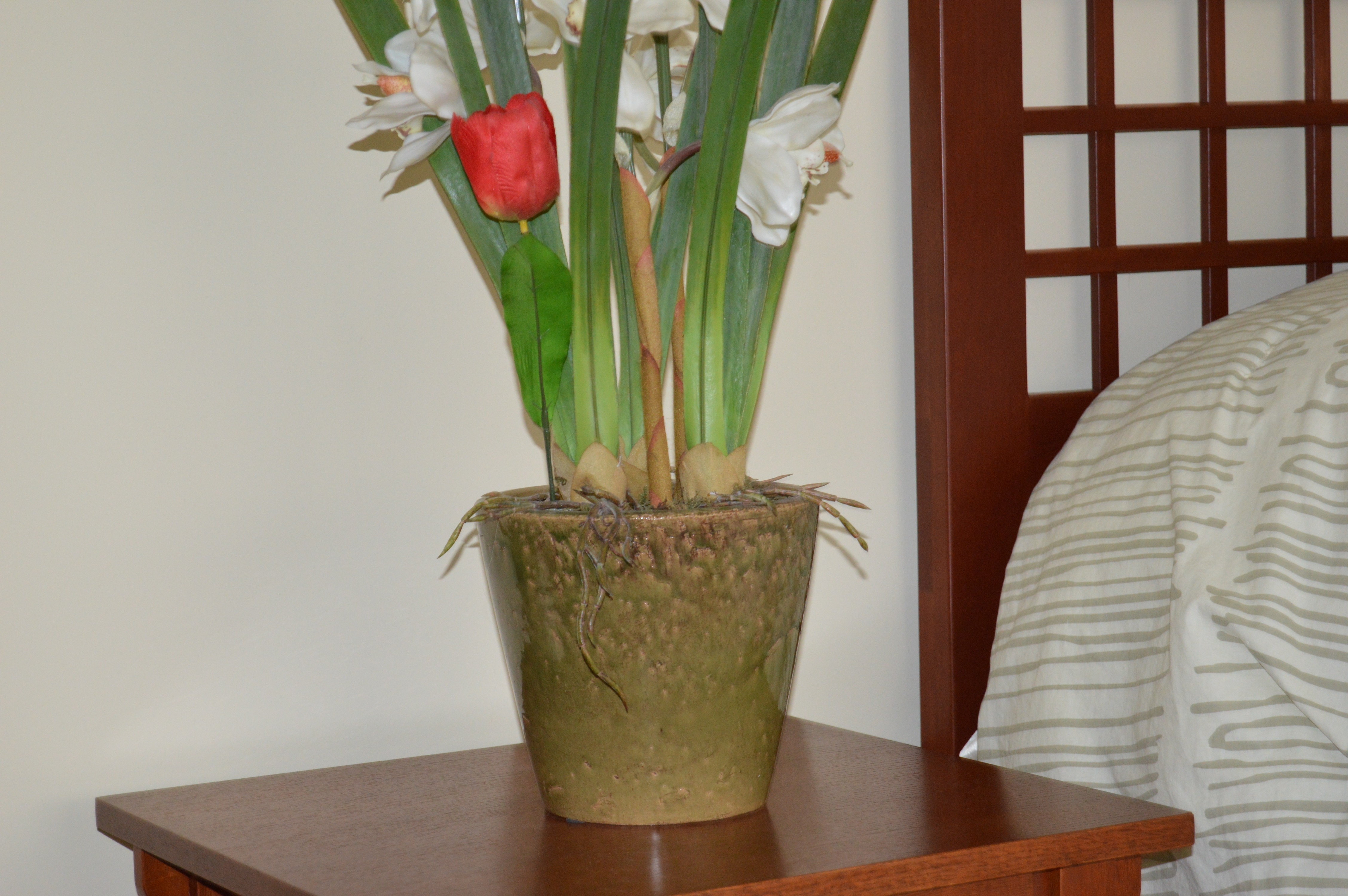 Mission Style End Table and Faux Potted Plant