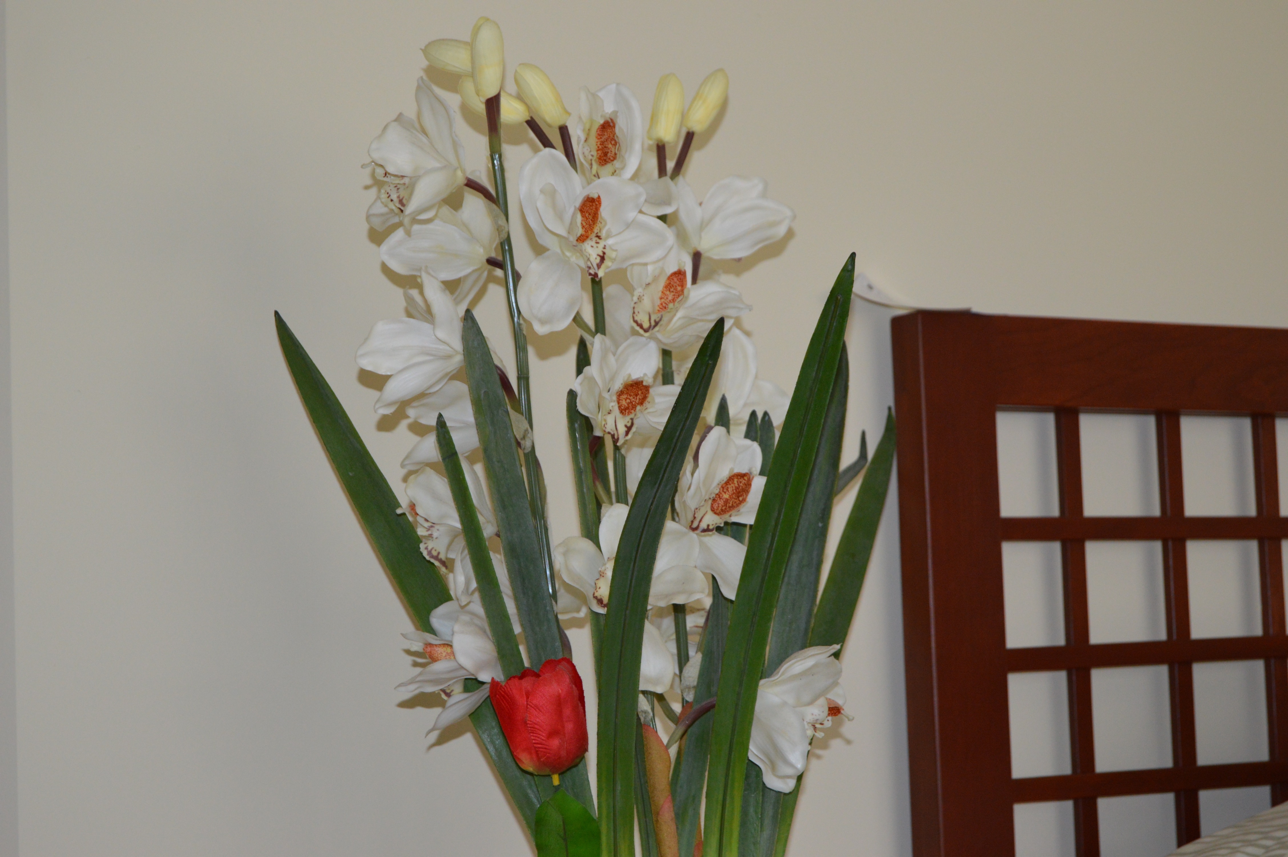 Mission Style End Table and Faux Potted Plant