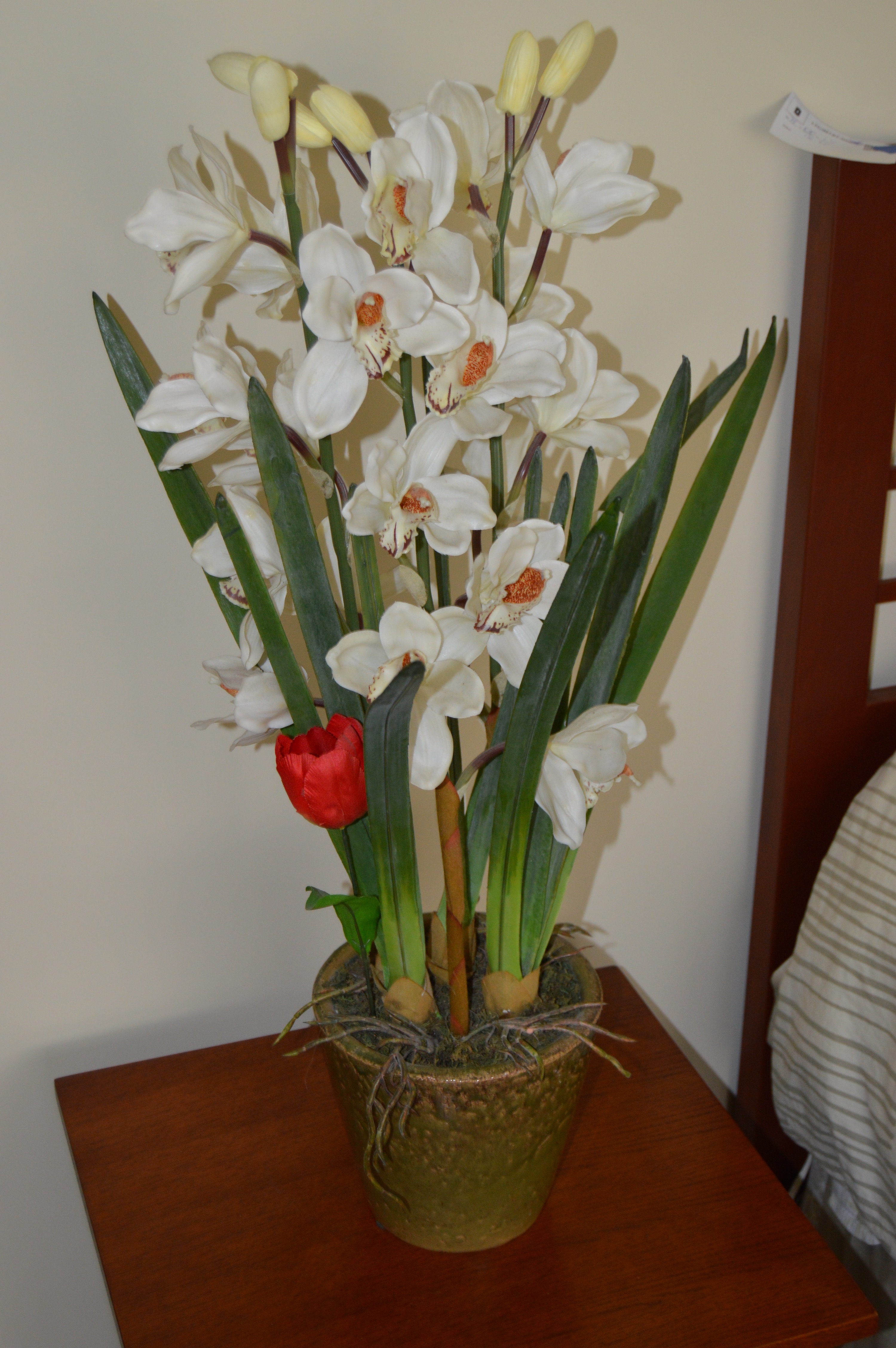 Mission Style End Table and Faux Potted Plant