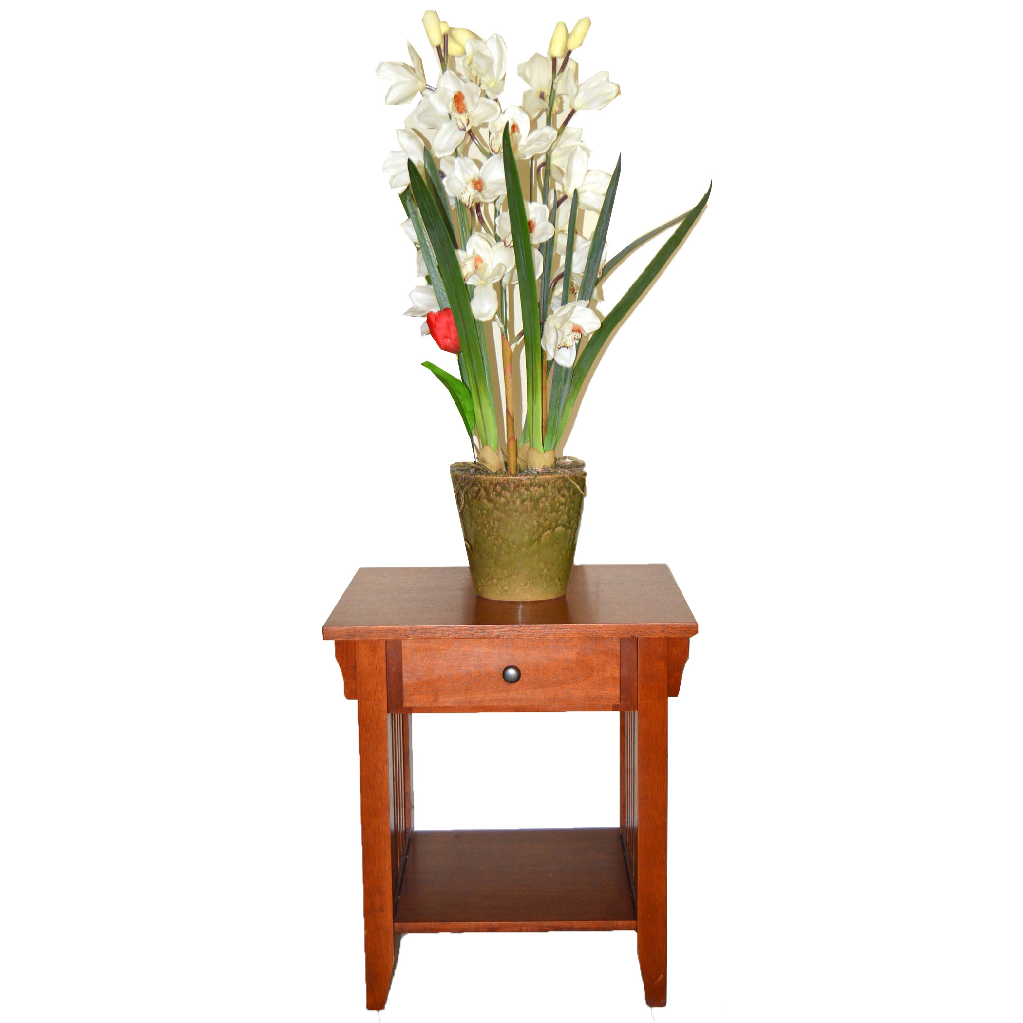 Mission Style End Table and Faux Potted Plant