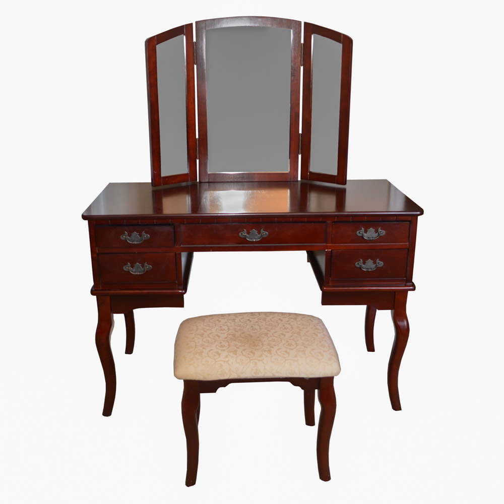 Contemporary Queen Anne-Style Vanity with Mirror and Stool