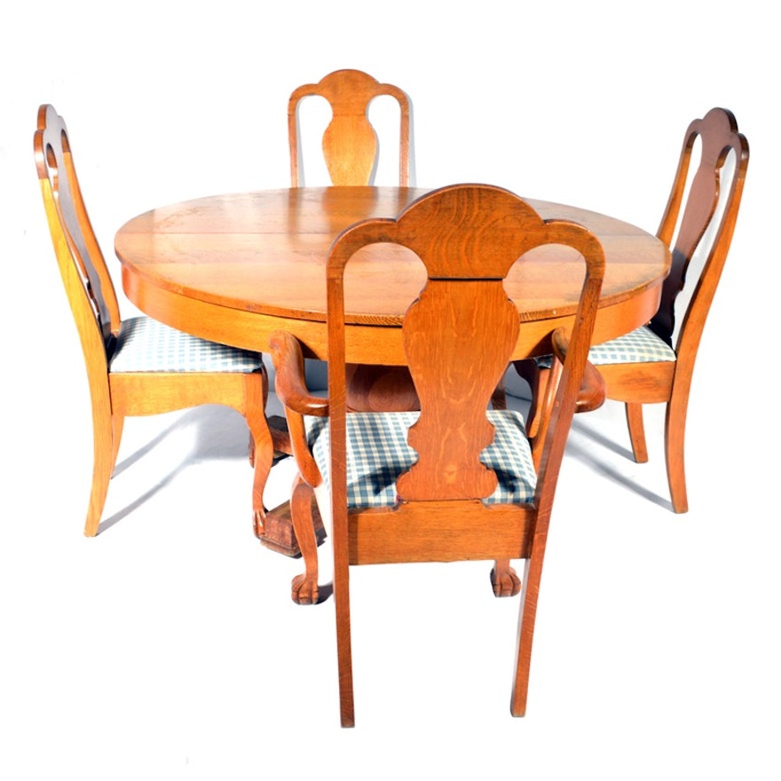 Vintage Oak Pedestal Table With Four Oak Chairs