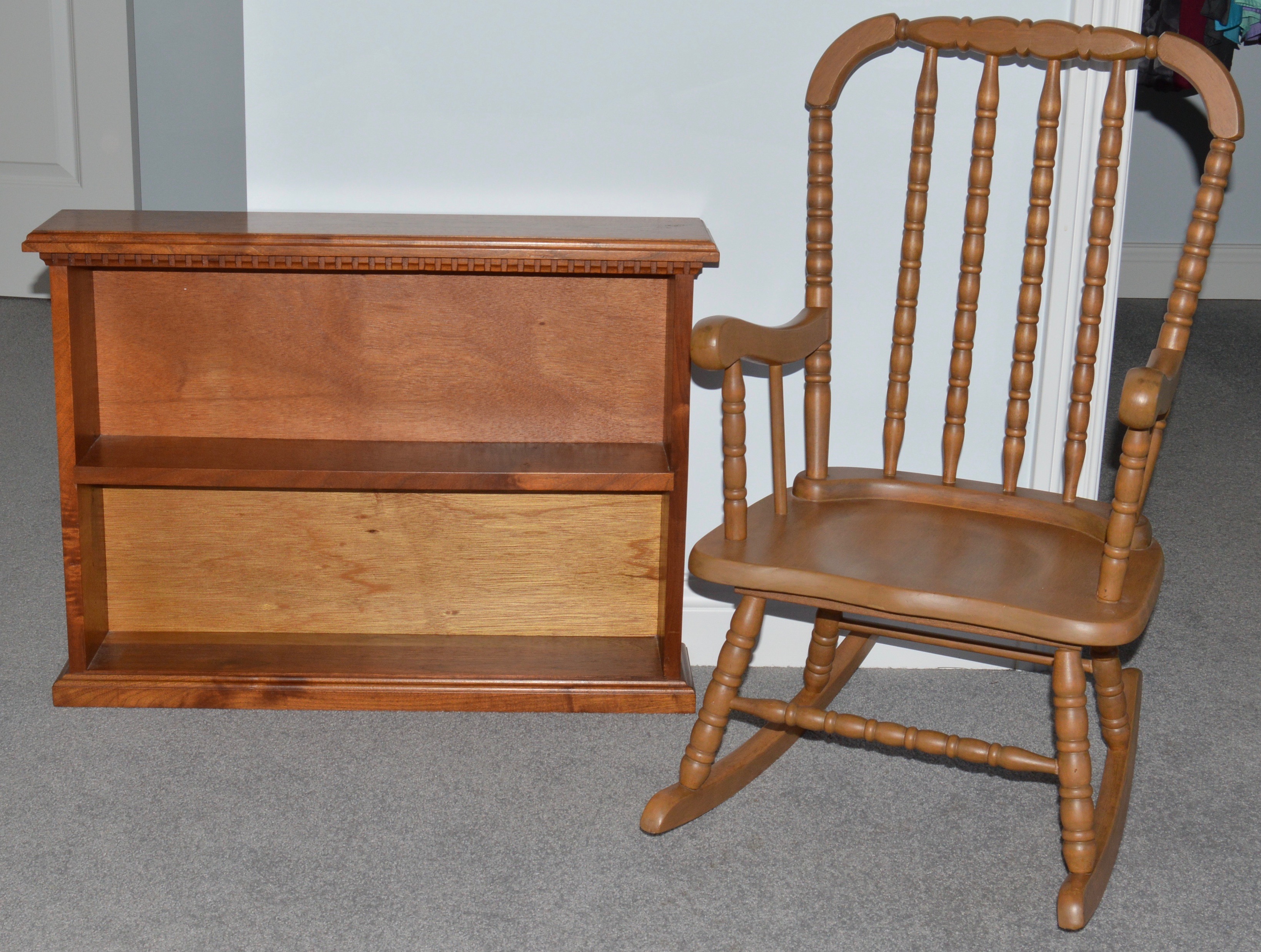 Vintage Child's Rocking Chair and Wood Display Shelf
