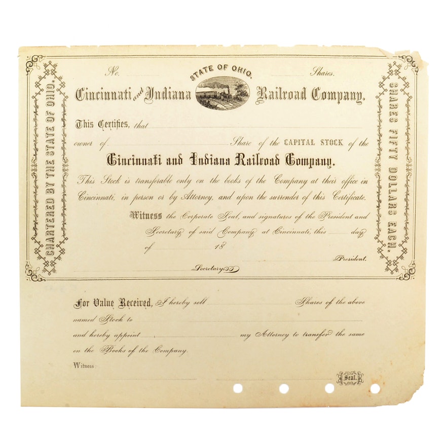 1800s Cincinnati and Indiana Railroad Co. Ohio Stock Certif