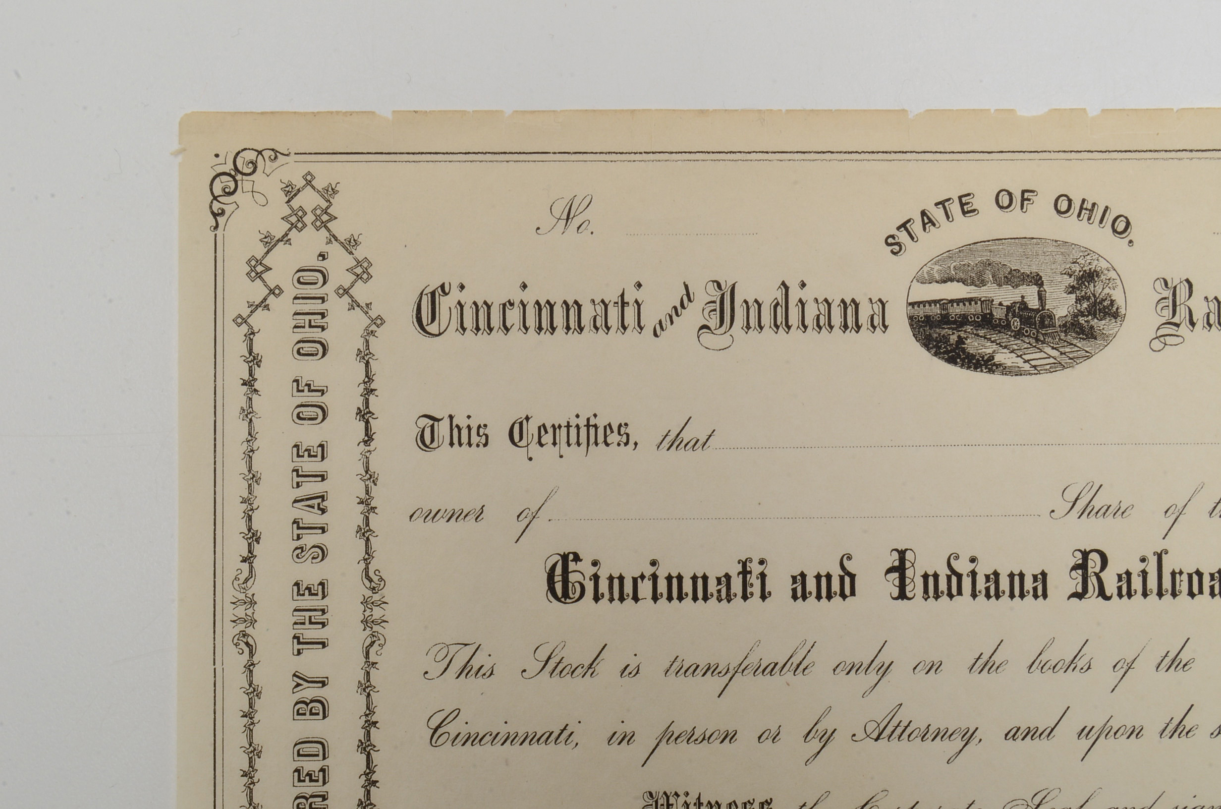 1800s Cincinnati and Indiana Railroad Co. Ohio Stock Certif