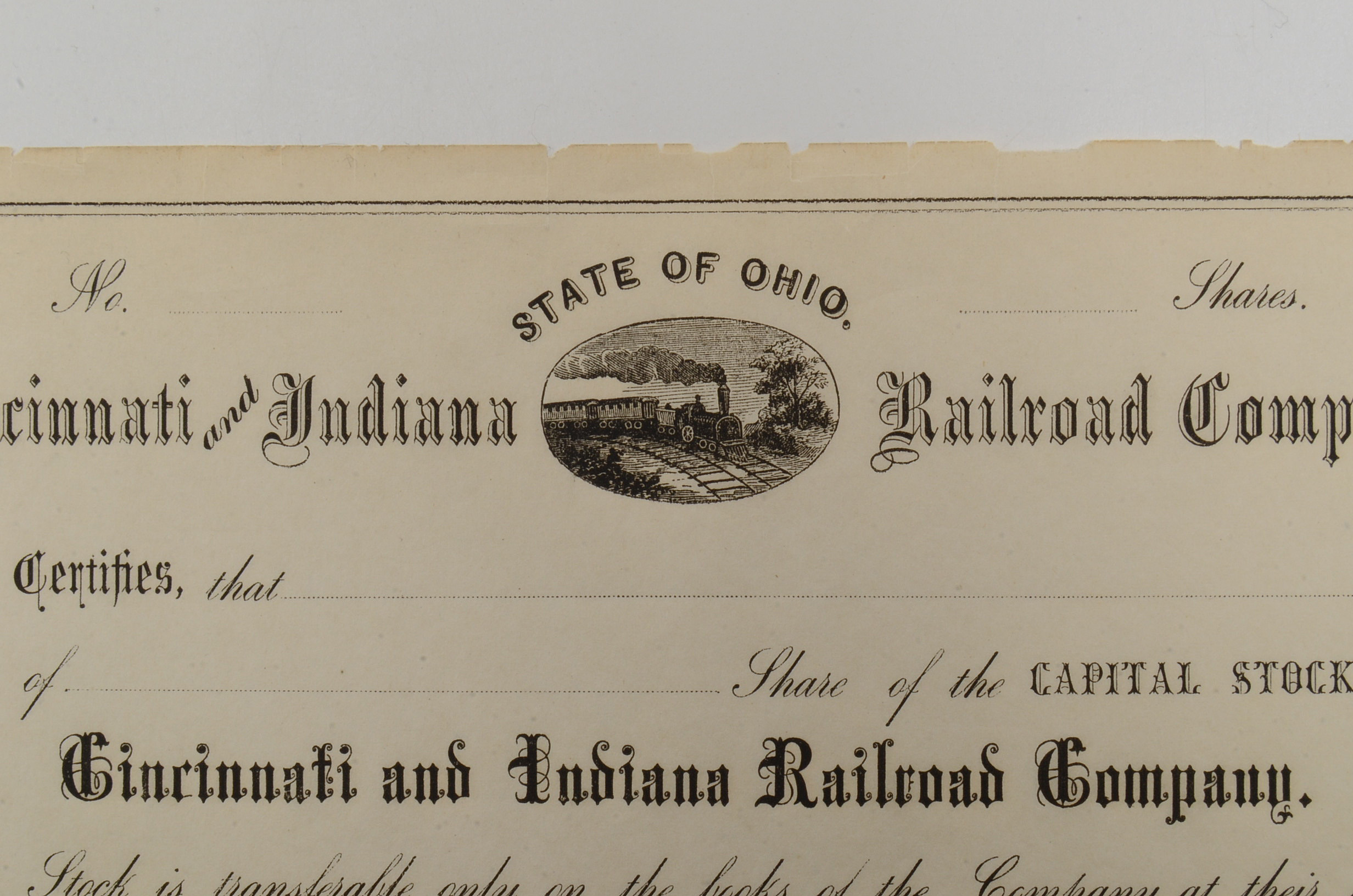 1800s Cincinnati and Indiana Railroad Co. Ohio Stock Certif