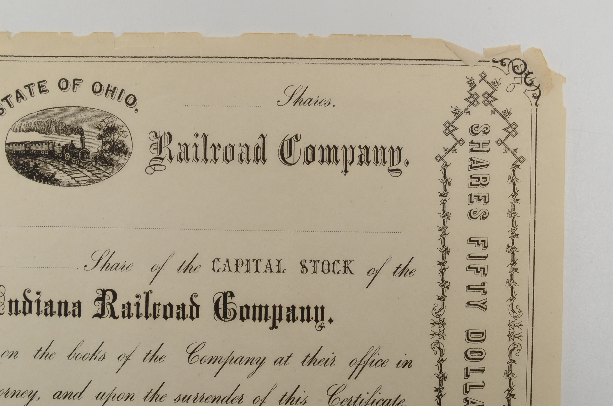 1800s Cincinnati and Indiana Railroad Co. Ohio Stock Certif