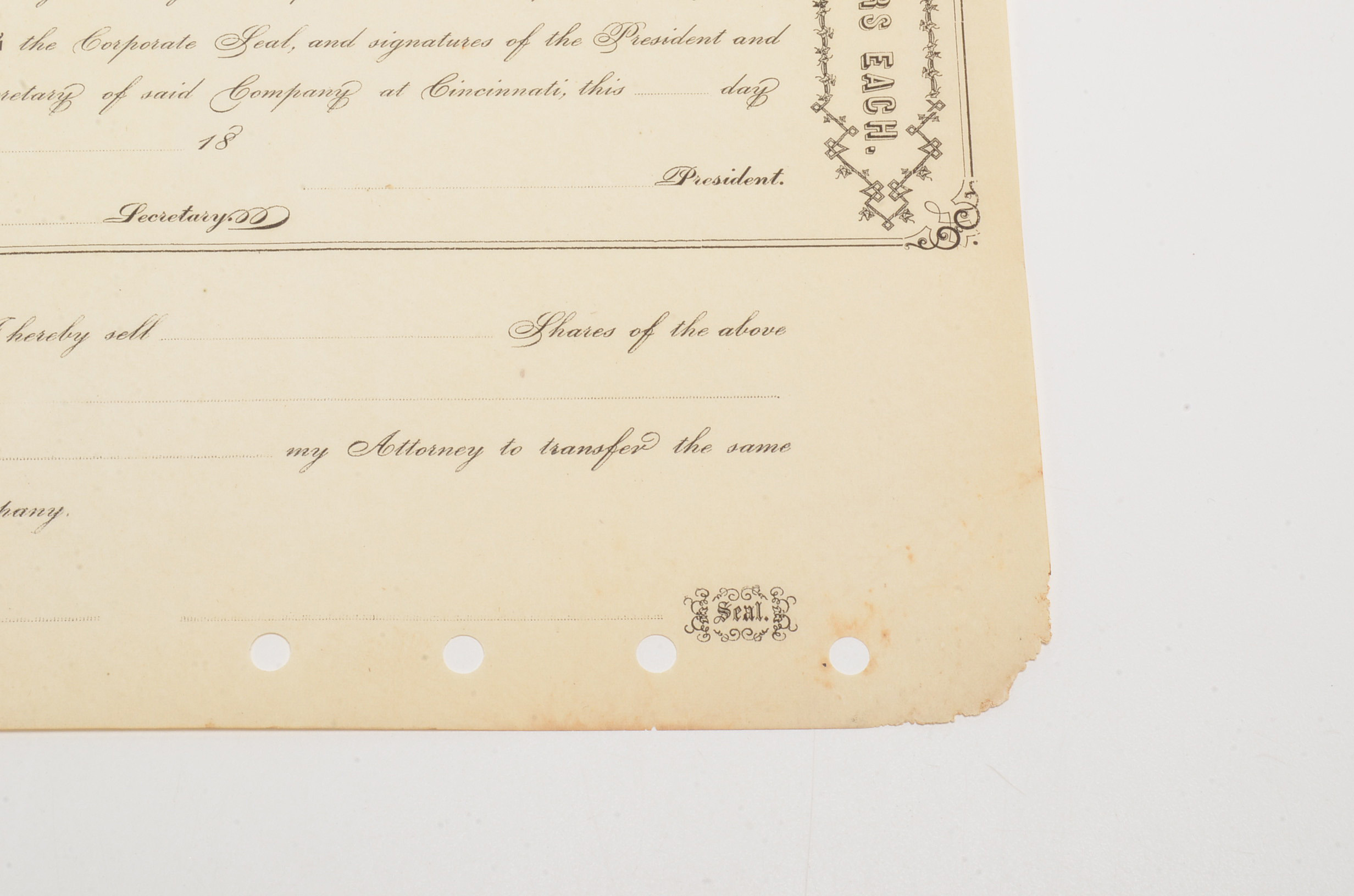 1800s Cincinnati and Indiana Railroad Co. Ohio Stock Certif