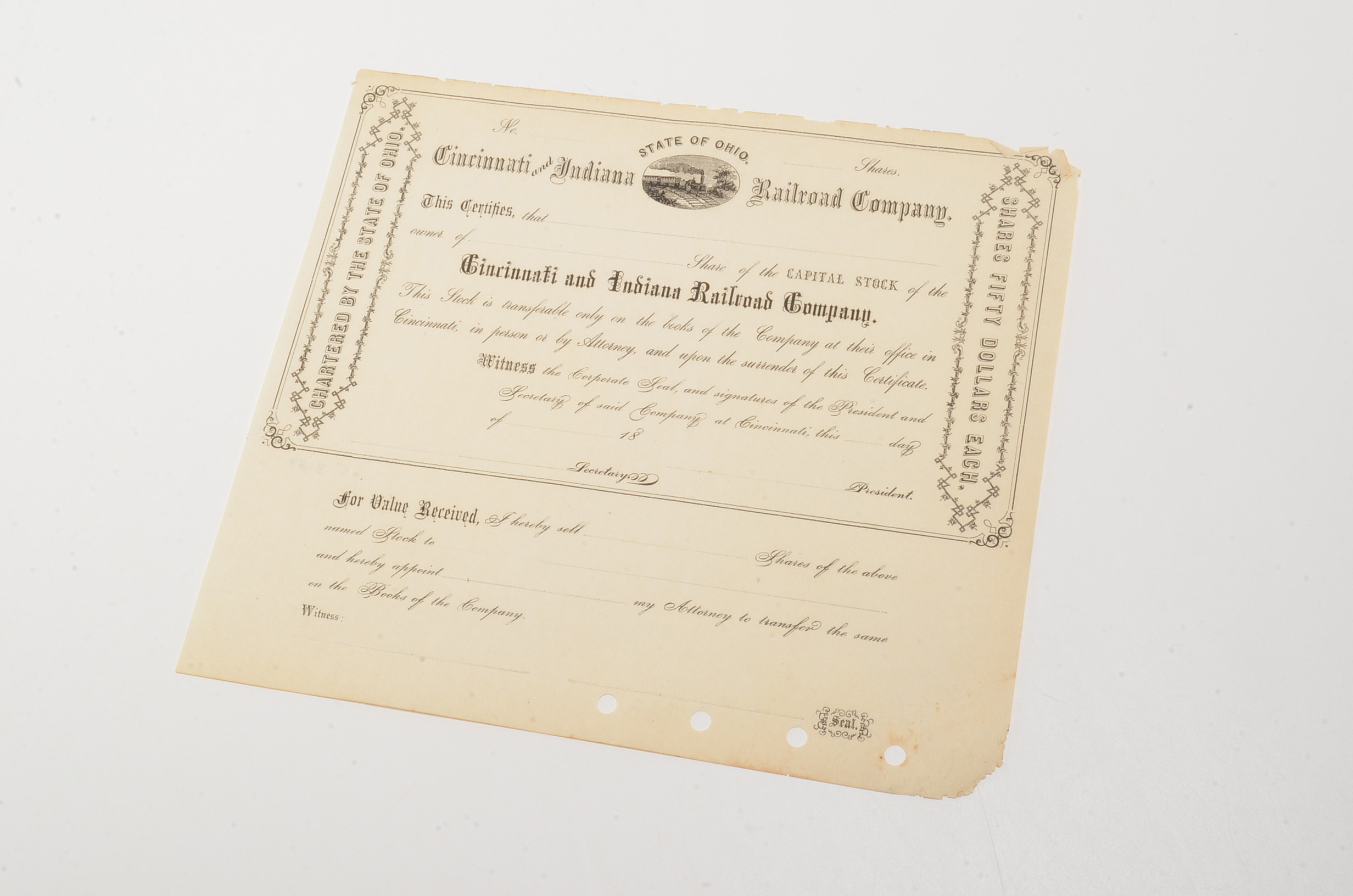 1800s Cincinnati and Indiana Railroad Co. Ohio Stock Certif