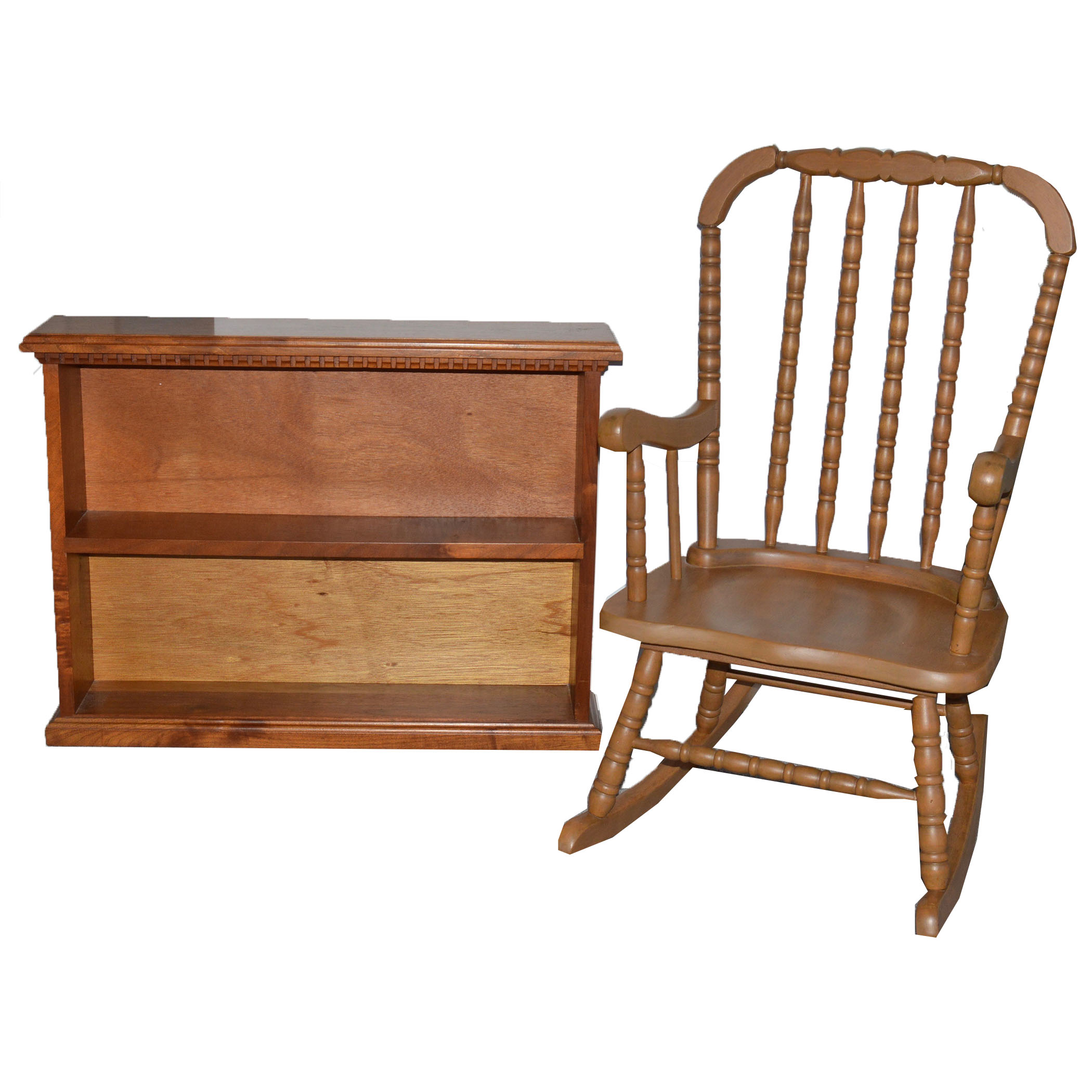 Vintage Child's Rocking Chair and Wood Display Shelf