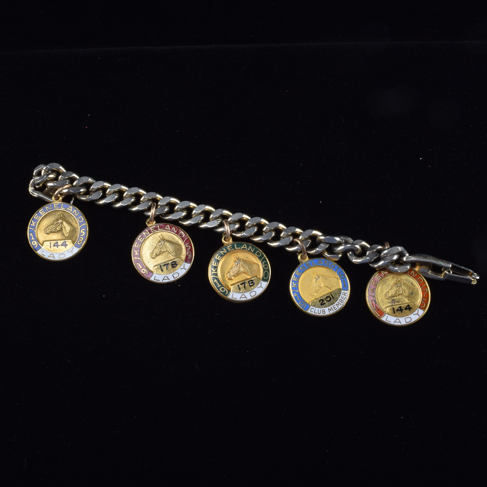 Gold Tone Charm Bracelet with Vintage Keeneland Association Membership Pins