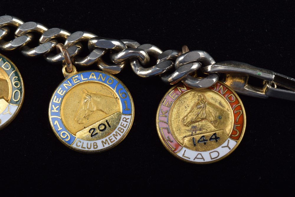 Gold Tone Charm Bracelet with Vintage Keeneland Association Membership Pins