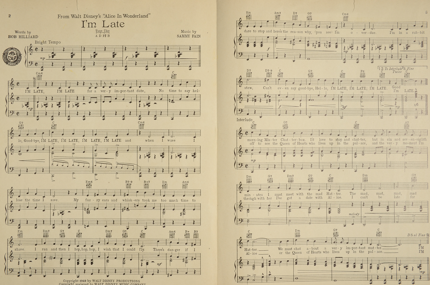 Walt Disney's "Cinderella" and "Alice in Wonderland" Sheet Music