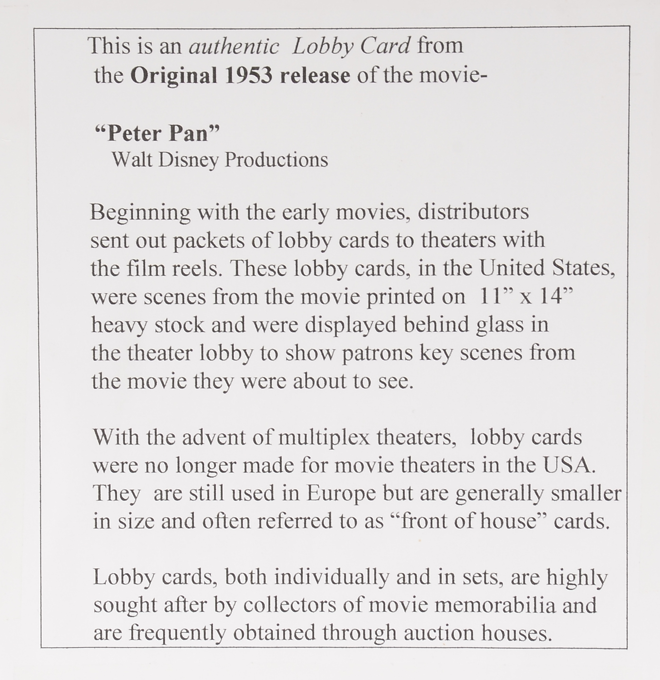 1953 Walt Disney's "Peter Pan" Original Lobby Cards