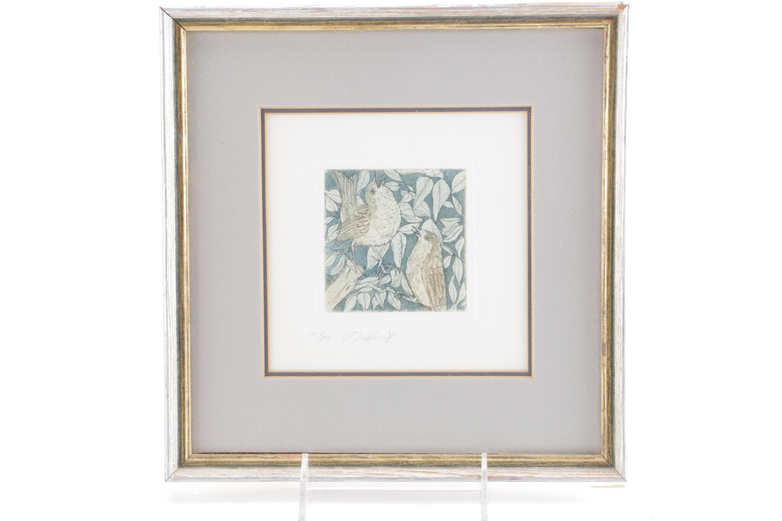 Denise Godbout Limited Edition Aquatint of Birds in Leaves