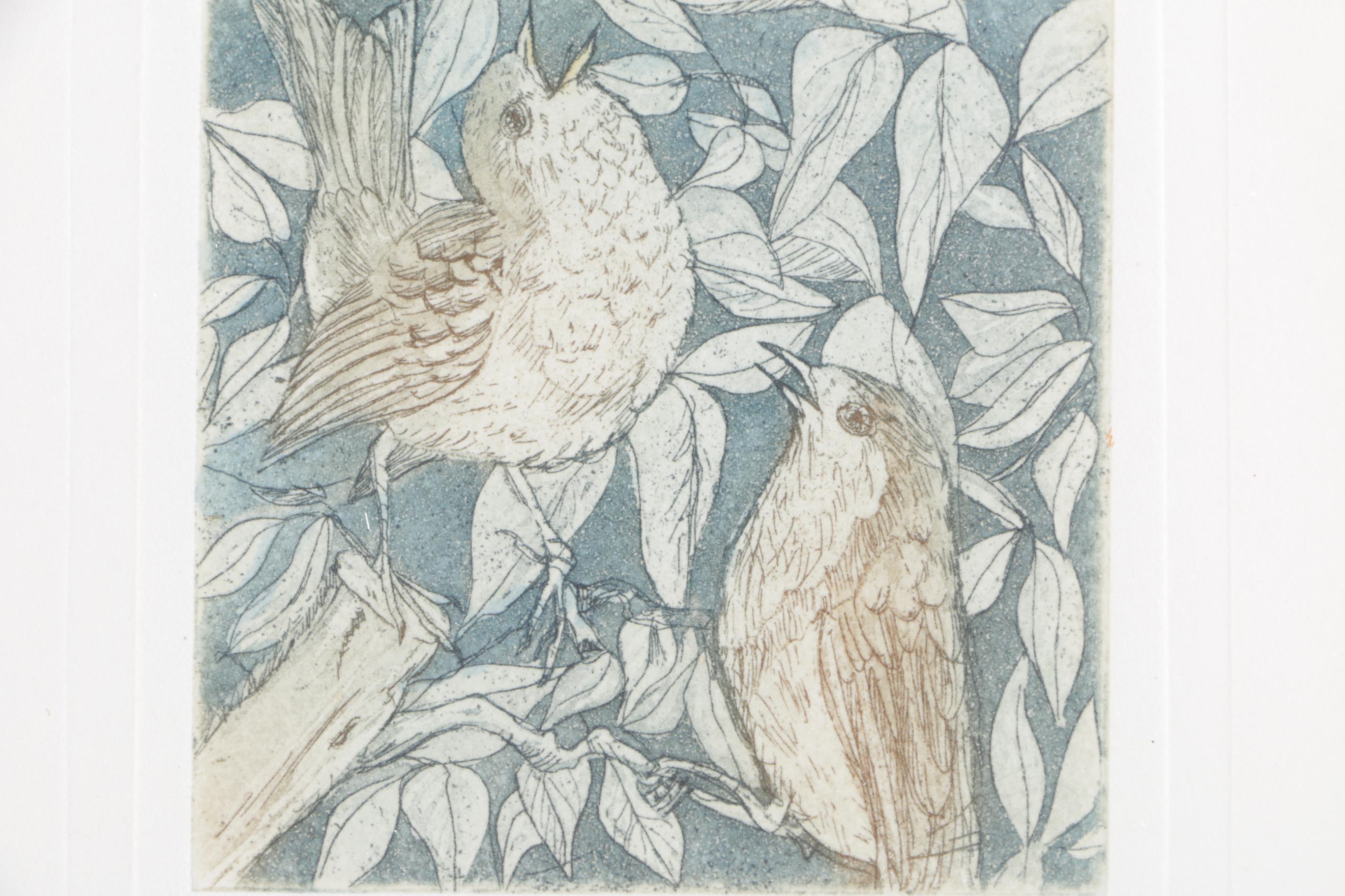 Denise Godbout Limited Edition Aquatint of Birds in Leaves
