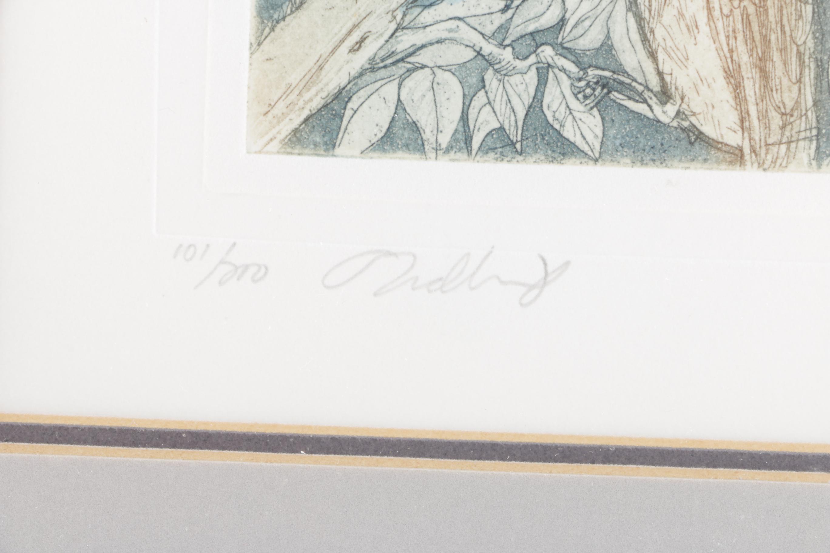 Denise Godbout Limited Edition Aquatint of Birds in Leaves