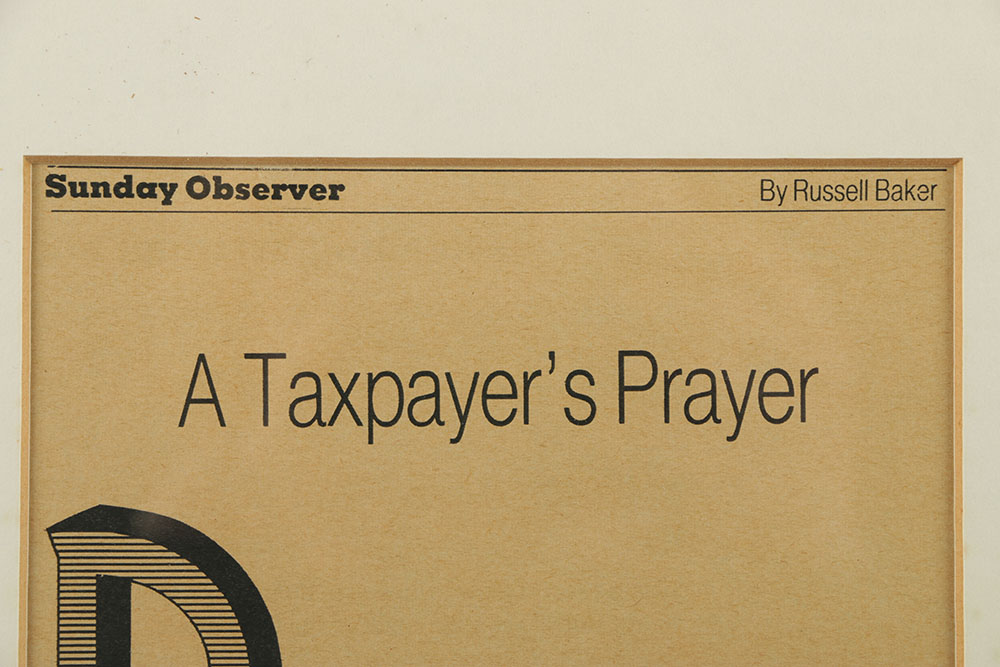 Russell Baker Newspaper Article on Paper "A Taxpayer's Prayer"