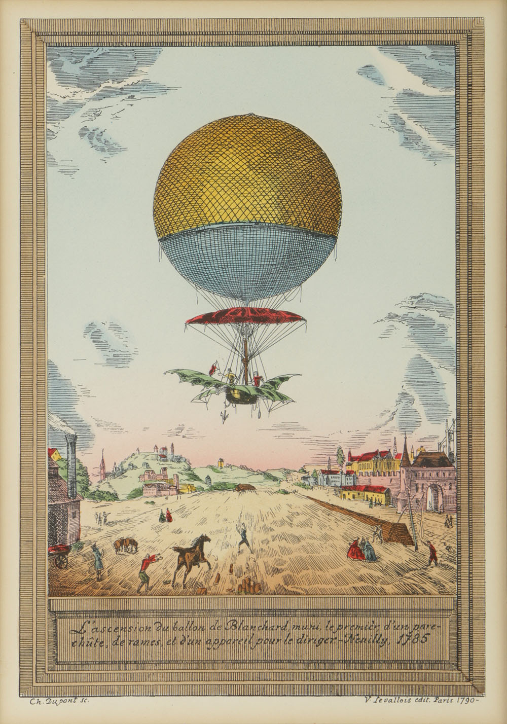 After Charles Dupont Hand-colored Lithograph "Hot Air Baloon"
