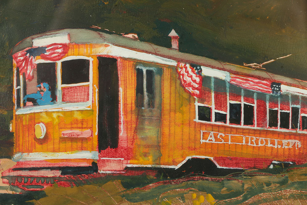 Steve Cryan Gauche Painting on Paper "The Last Trolley"