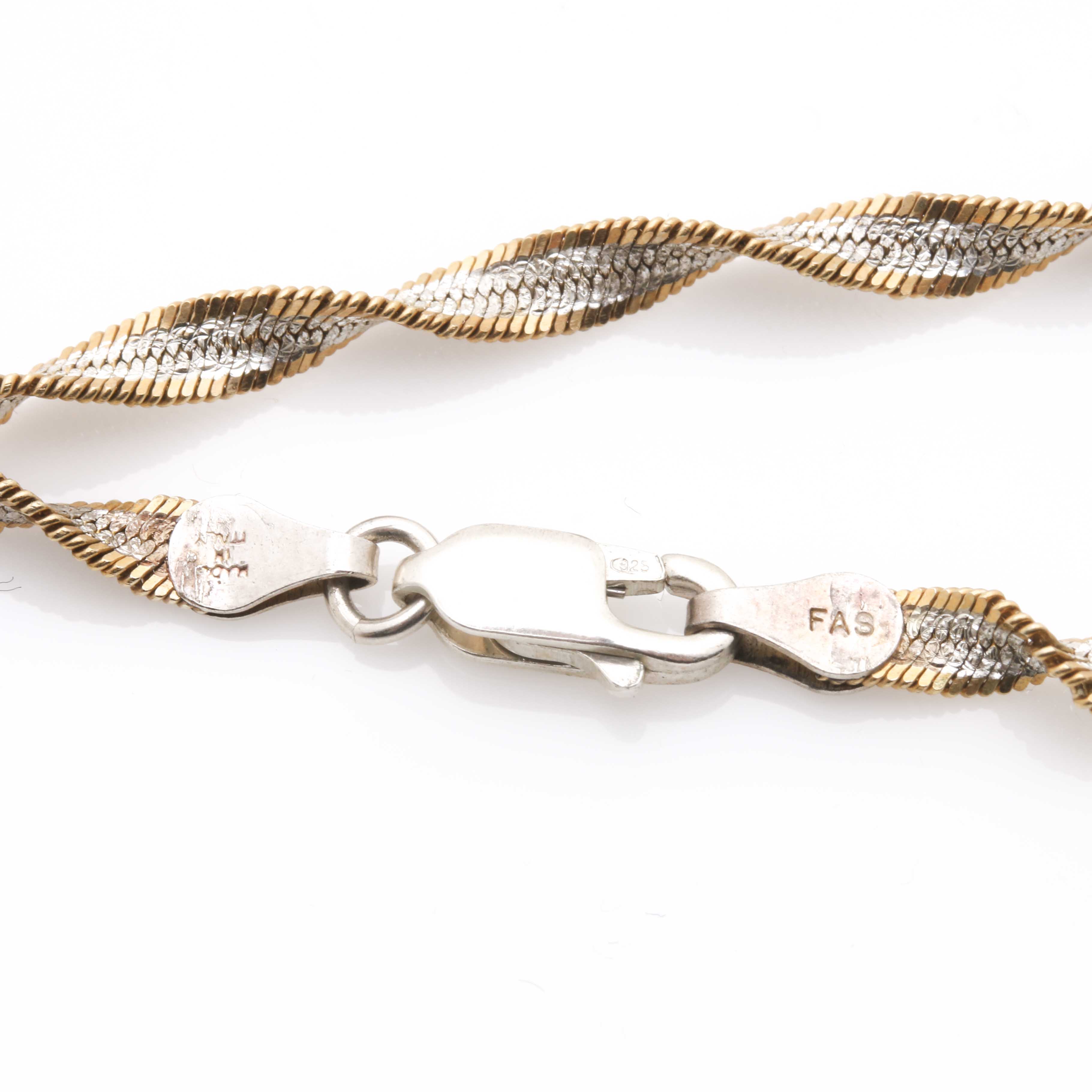 Sterling Silver Two Tone Singapore Chain Bracelet and Necklace