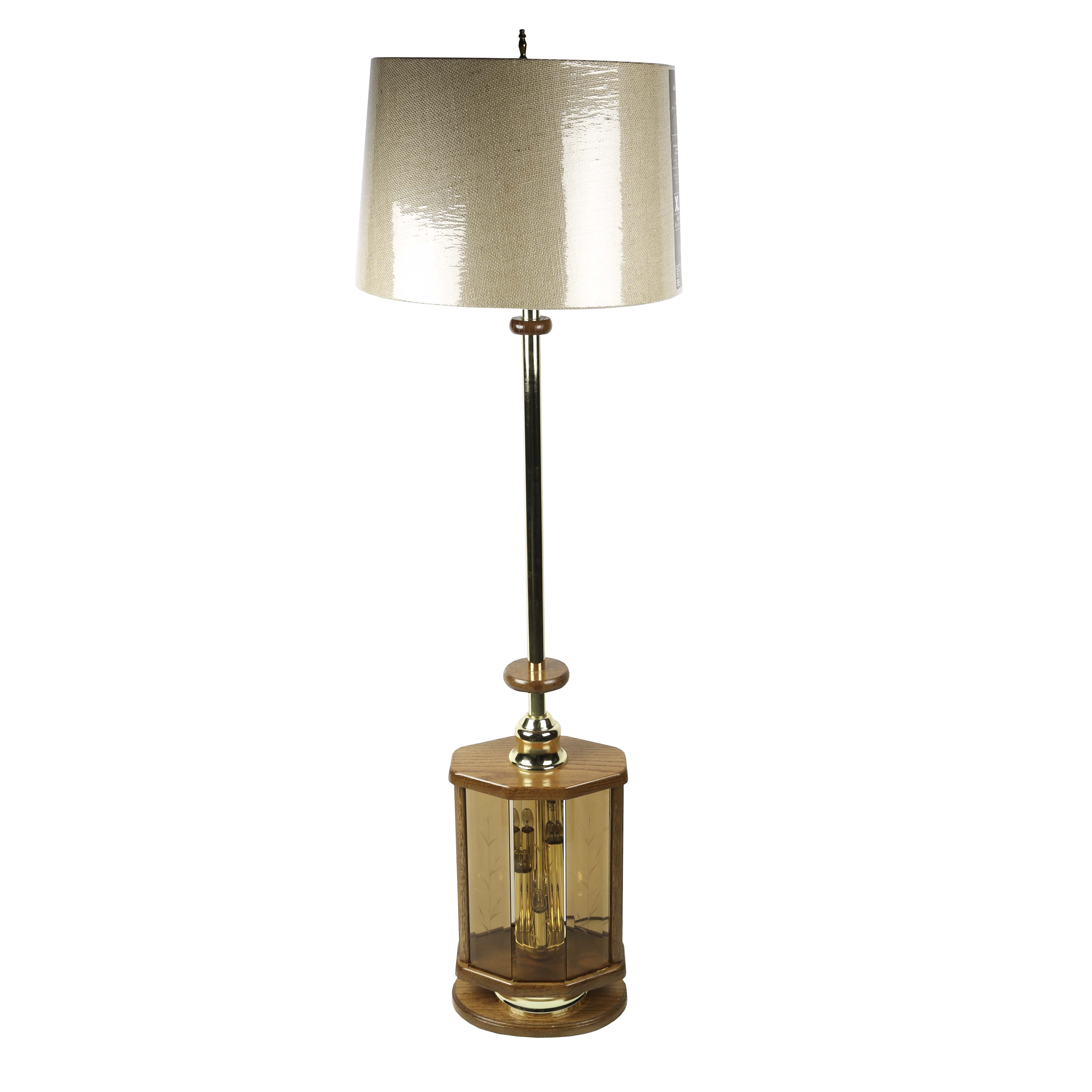 Mid-Century Oak and Amber Glass Lamp