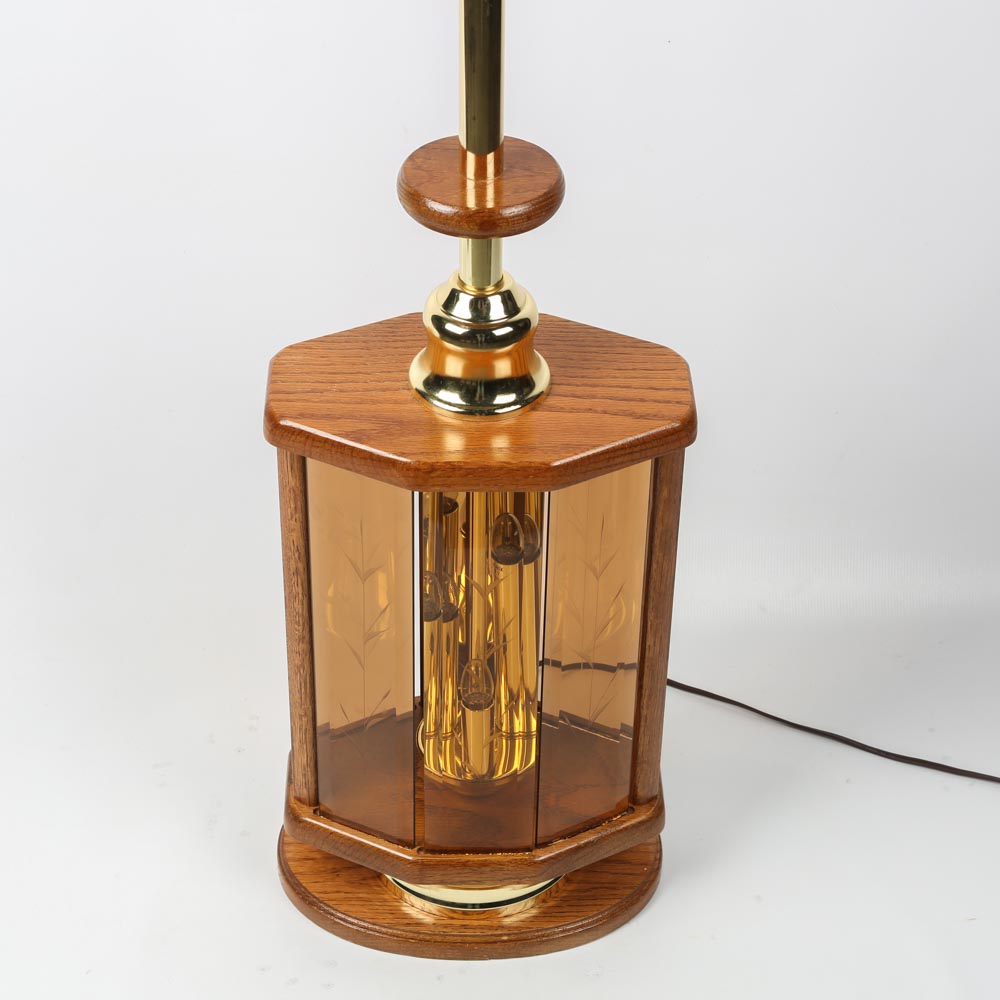 Mid-Century Oak and Amber Glass Lamp