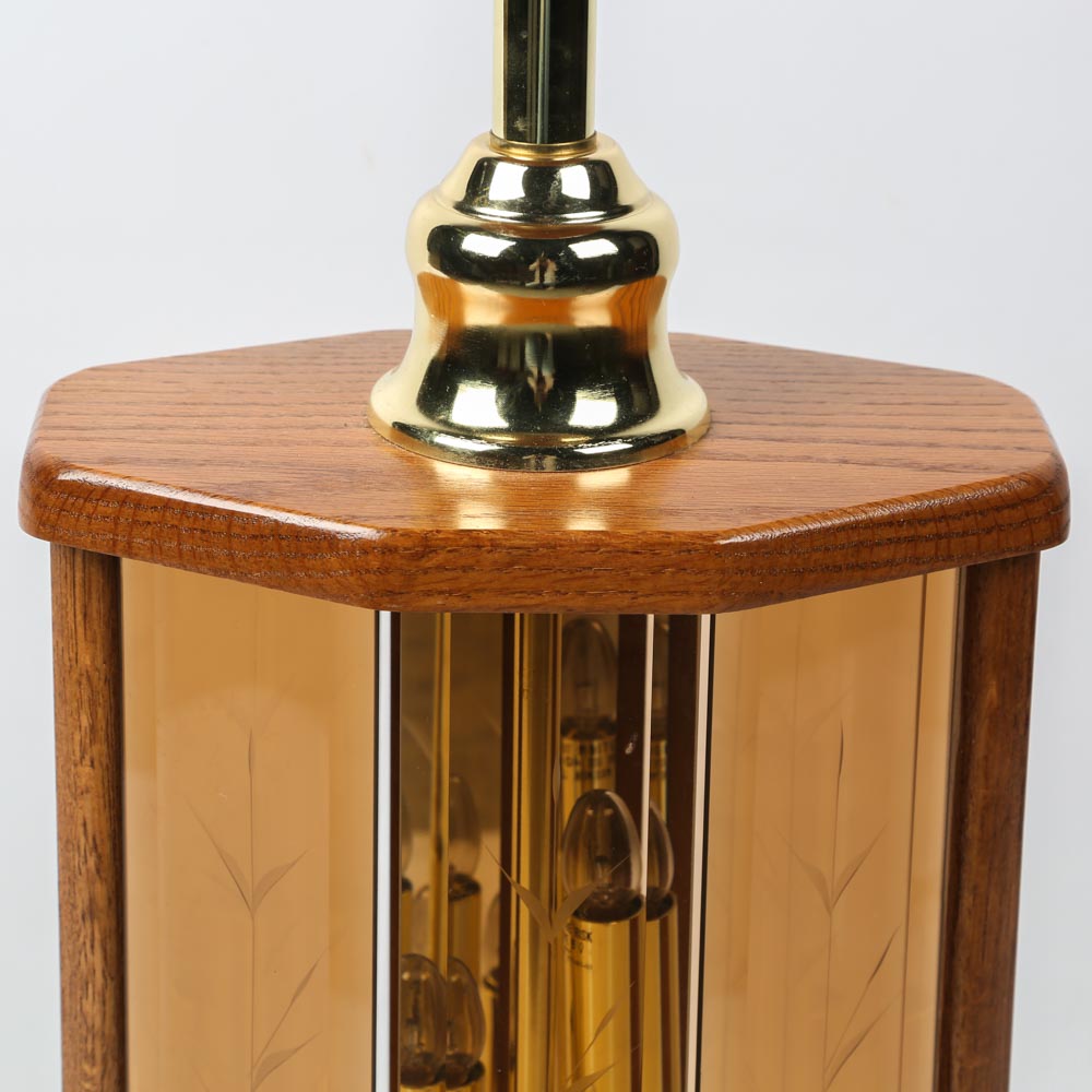 Mid-Century Oak and Amber Glass Lamp